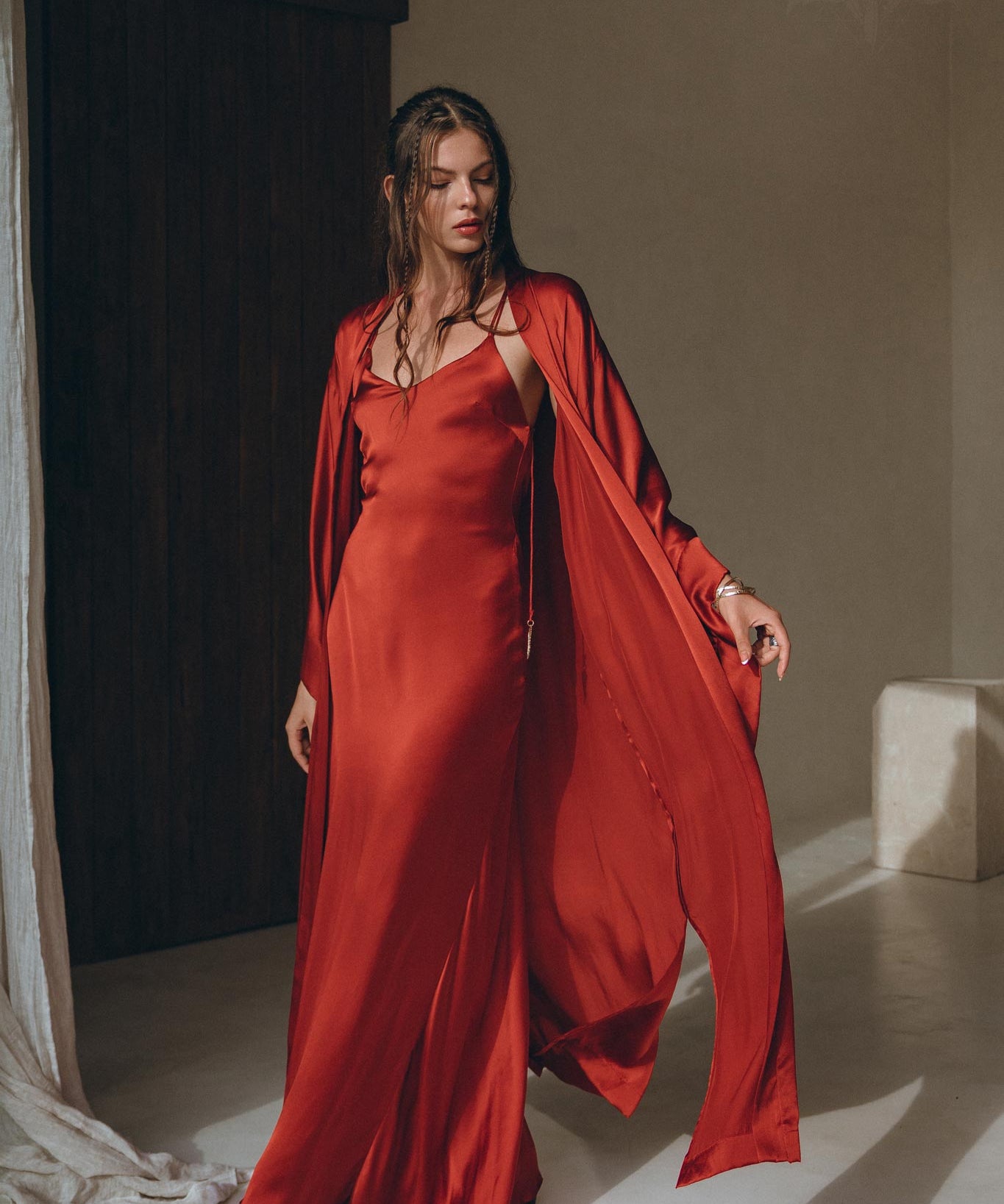 Wine Red Silk Boho Kimono Cover, Wide Sleeve Bohemian Kaftan Cardigan - AYA Sacred Wear