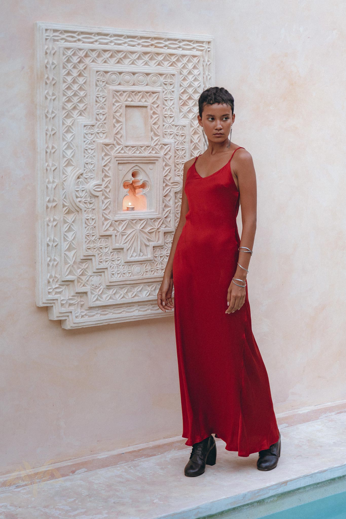 Wine Red Silk Slip Dress, Open Back Silk Dress, Evening Bohemian Dress - AYA Sacred Wear