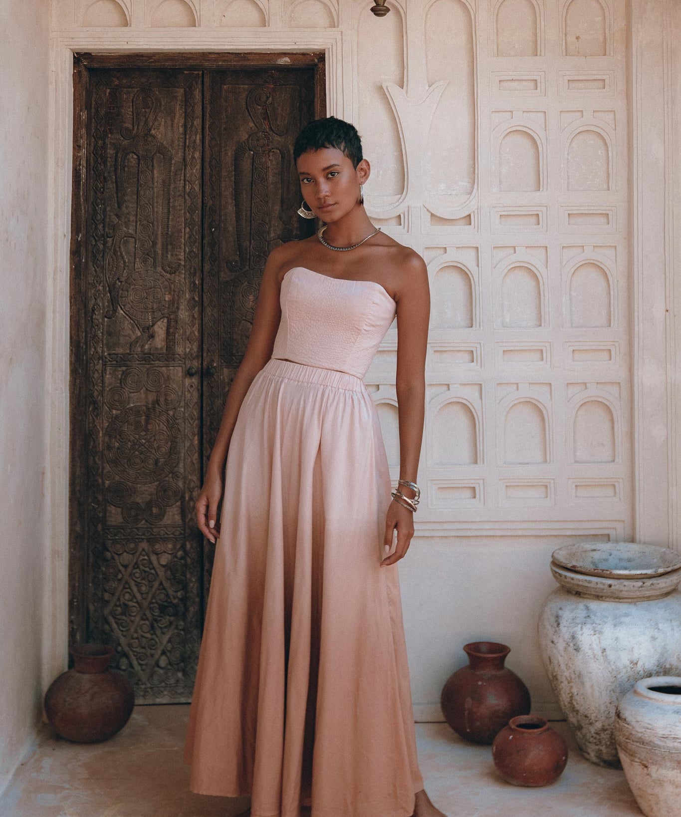 Boho Corset and Skirt for Women, Baby Pink Bustier Top and Maxi Skirt - AYA Sacred Wear
