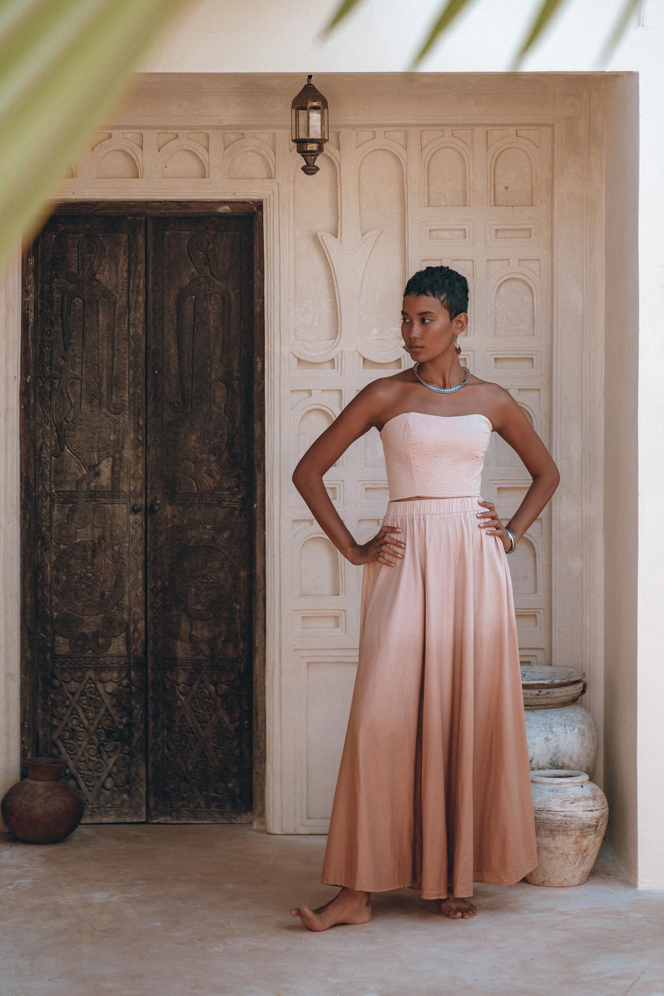 Boho Corset and Skirt for Women, Baby Pink Bustier Top and Maxi Skirt - AYA Sacred Wear