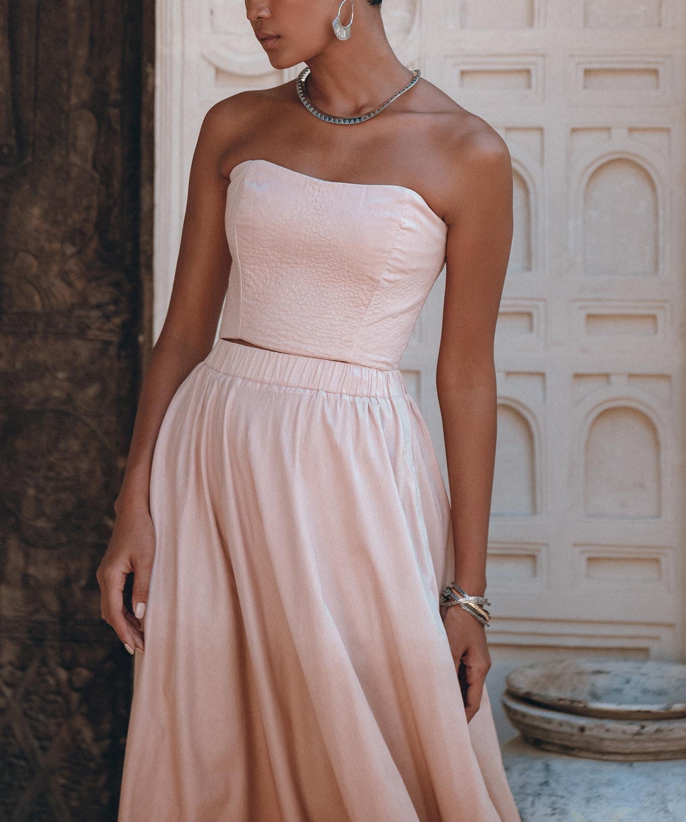 Boho Corset and Skirt for Women, Baby Pink Bustier Top and Maxi Skirt - AYA Sacred Wear