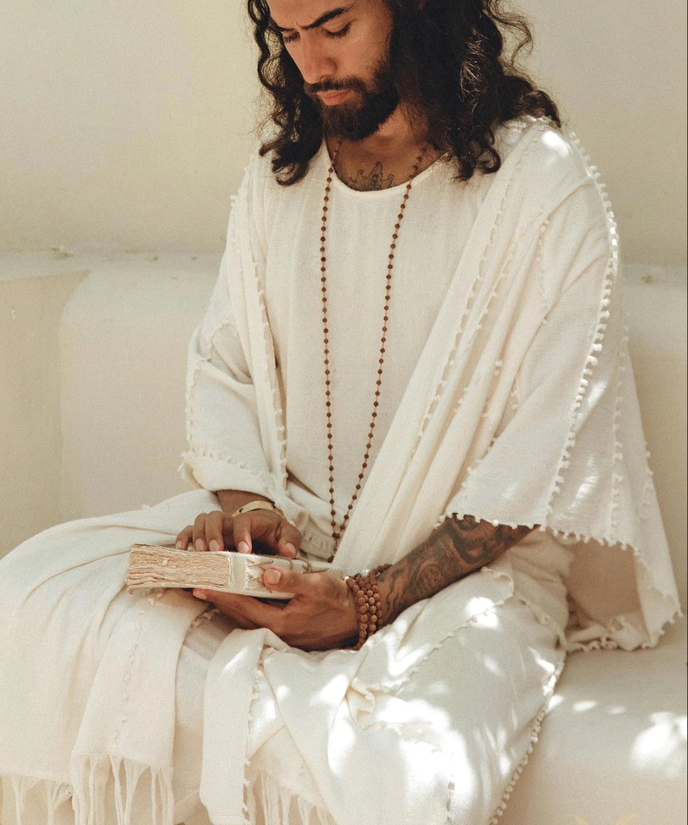 White Raw Cotton Minimalist Poncho for Men by AYA Sacred Wear