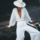 Off White Adjustable Pants • Casual Wide Boot Trousers • Cocktail Summer Pants - AYA SW IDR