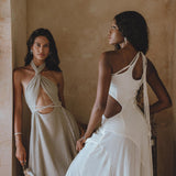 Off White Aisha Dress • Open Side Dress • Macrame Toga Dress • One Shoulder Maxi Dress - AYA SW IDR
