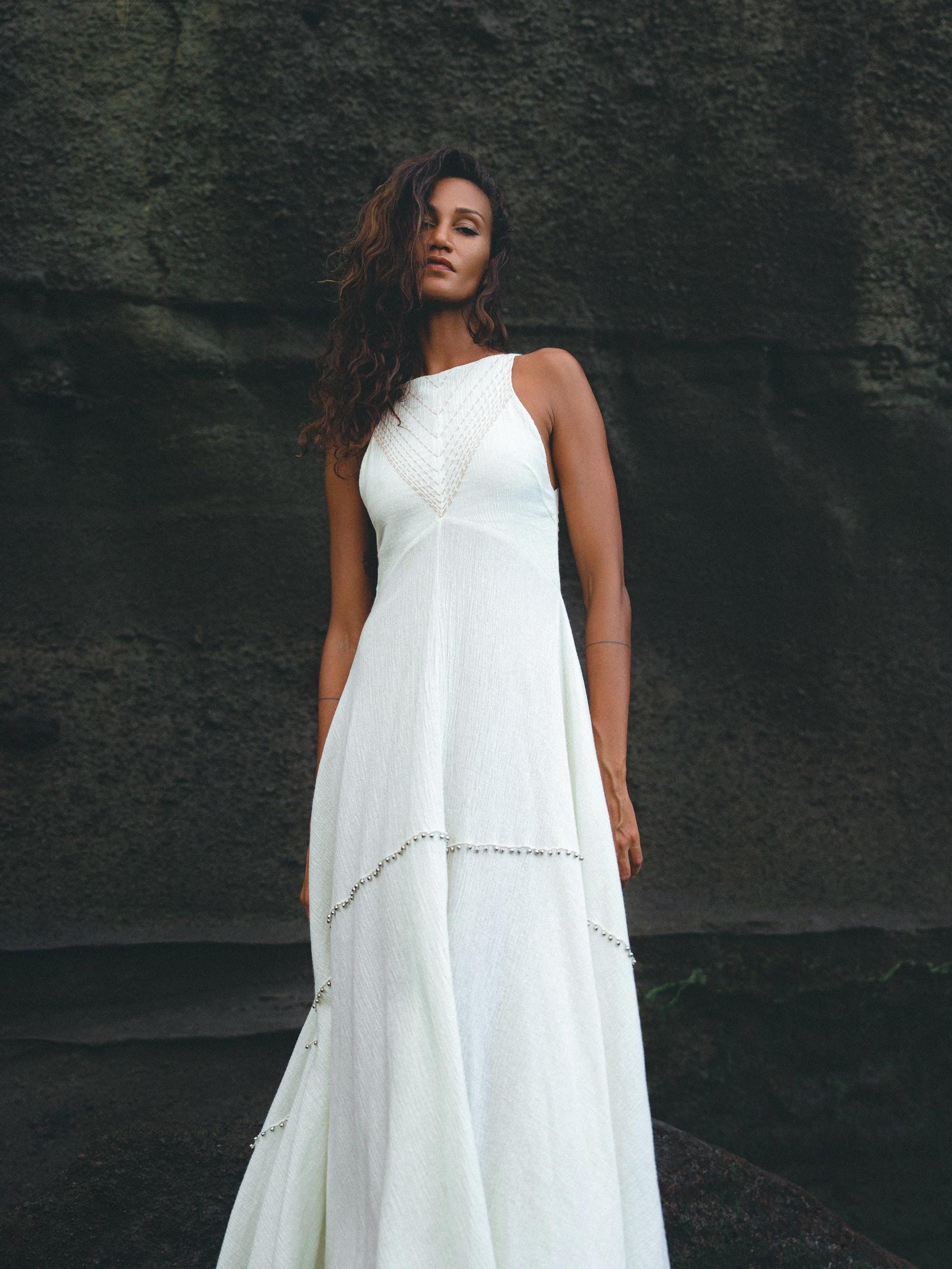 Off White Bhakti Dress • Bridal Hand Embroidered Dress • Organic Wedding Dress - AYA SW IDR