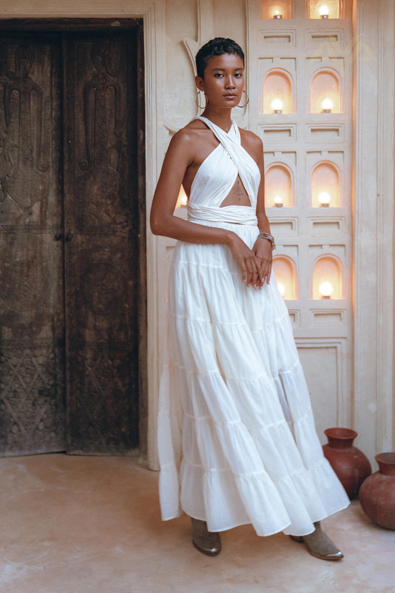 Off - White Bohemian Adjustable Dress • Evening Open Back Belly Dress - AYA SW IDR