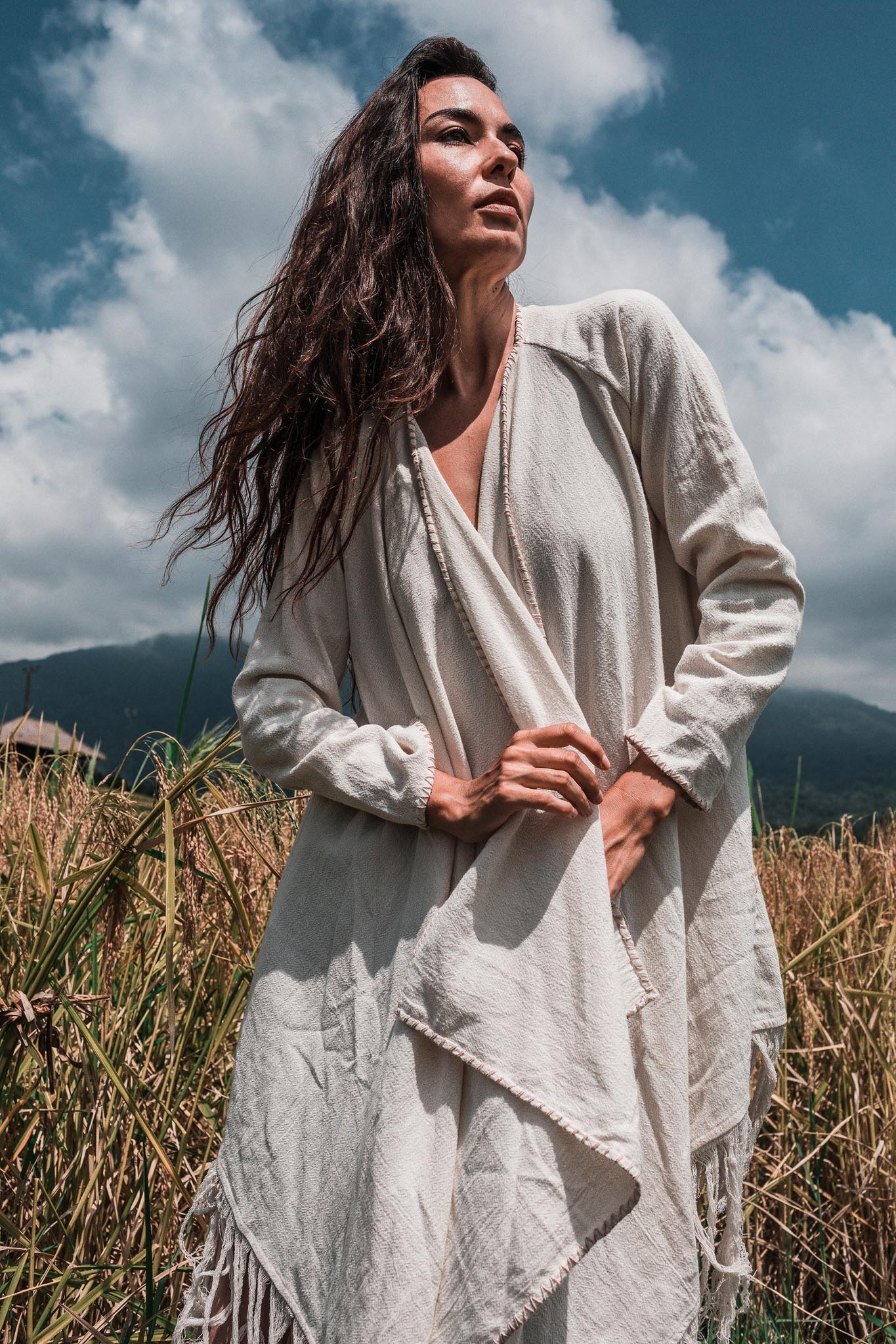 Off - White Bohemian Raw Cotton Coat Cape Wrap - AYA SW IDR