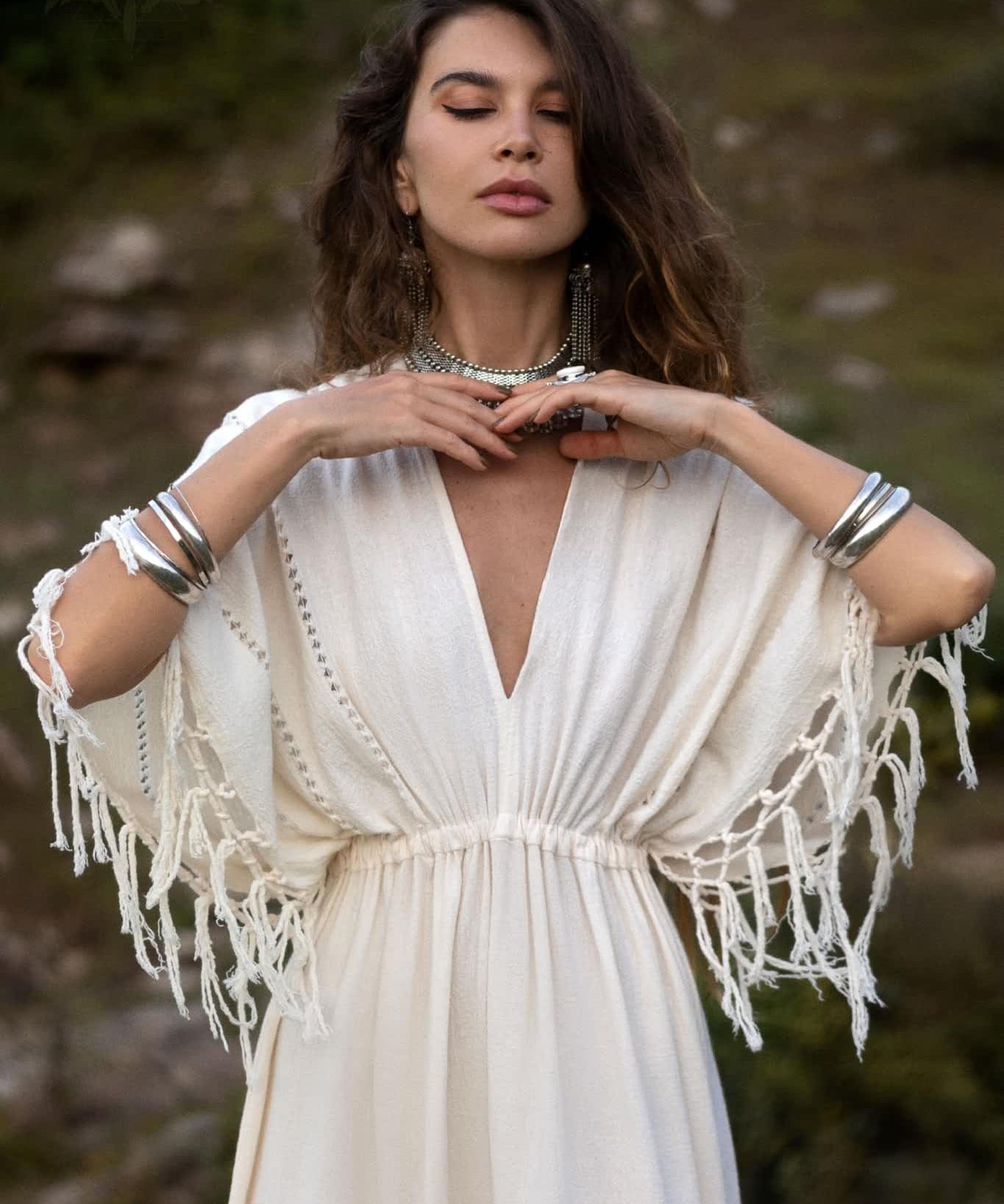Off - White Boho Dress • Boho Goddess Dress • Maxi Bridesmaid Dress - AYA SW IDR