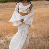 Off White Boho Linen Set, Embroidered Indian Top, Maxi Skirt, Handmade Summer Festival Outfit - AYA SW IDR