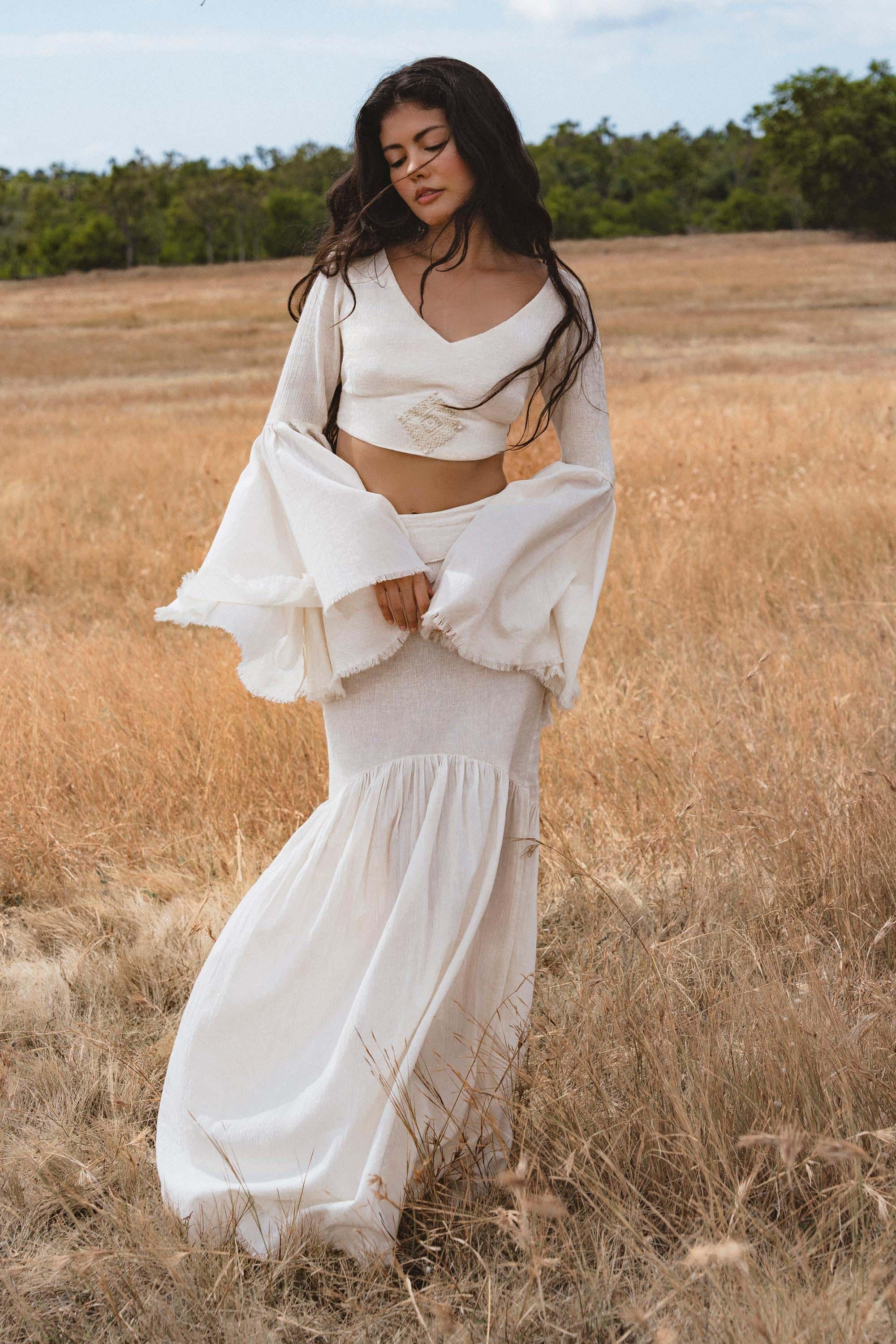 Off White Boho Linen Set, Embroidered Indian Top, Maxi Skirt, Handmade Summer Festival Outfit - AYA SW IDR