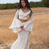 Off White Boho Linen Set, Embroidered Indian Top, Maxi Skirt, Handmade Summer Festival Outfit - AYA SW IDR
