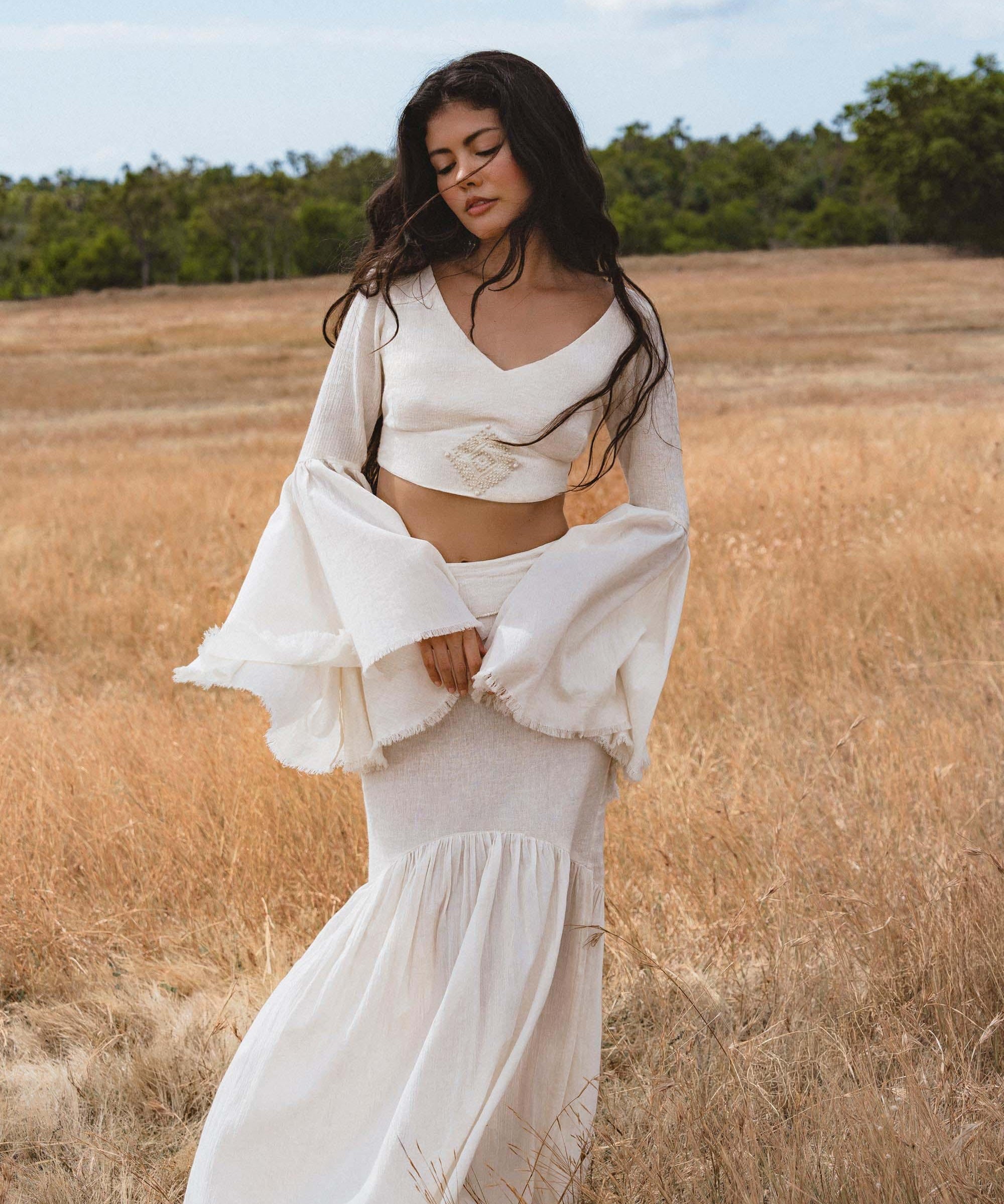 Off White Boho Linen Set, Embroidered Indian Top, Maxi Skirt, Handmade Summer Festival Outfit - AYA SW IDR