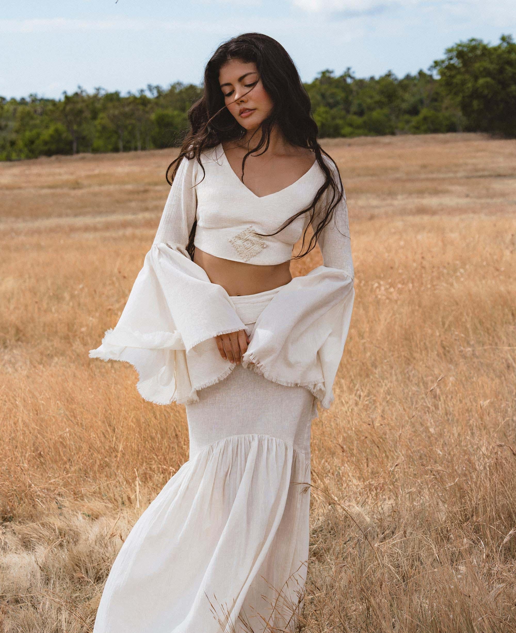 Off White Boho Linen Set, Embroidered Indian Top, Maxi Skirt, Handmade Summer Festival Outfit - AYA SW IDR