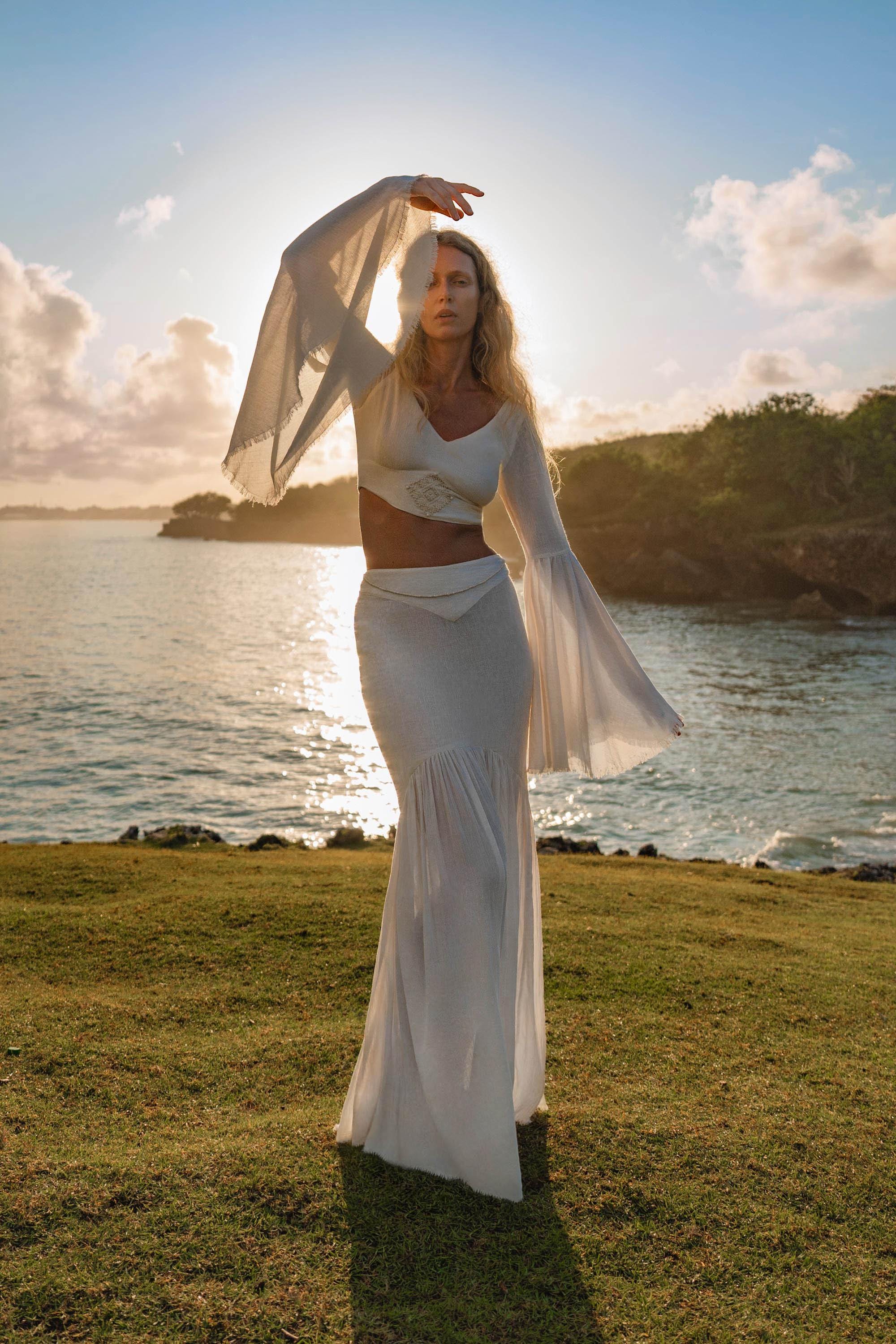 Off White Boho Linen Set, Embroidered Indian Top, Maxi Skirt, Handmade Summer Festival Outfit - AYA SW IDR