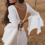 Off White Boho Linen Set, Embroidered Indian Top, Maxi Skirt, Handmade Summer Festival Outfit - AYA SW IDR