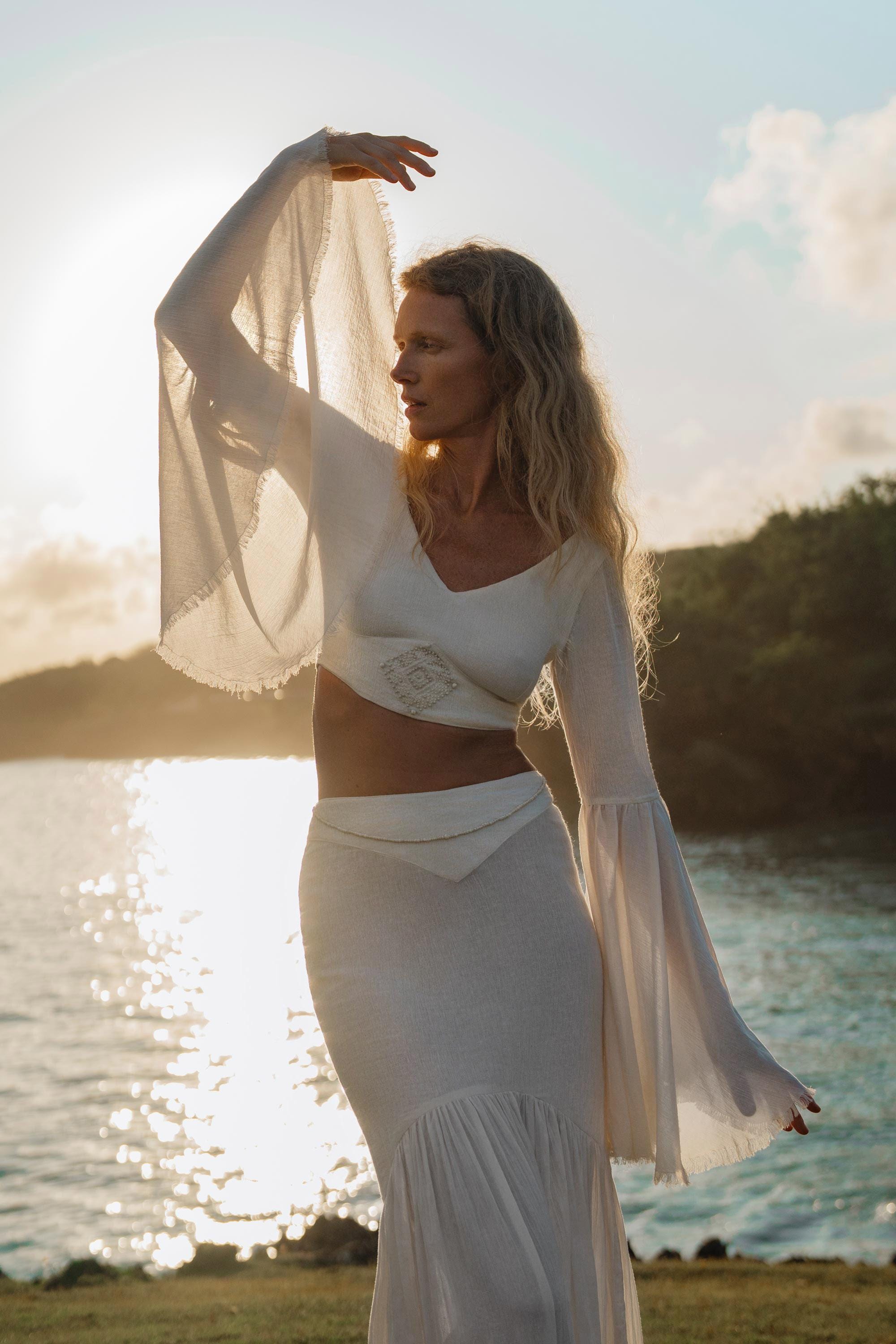 Off White Boho Linen Set, Embroidered Indian Top, Maxi Skirt, Handmade Summer Festival Outfit - AYA SW IDR