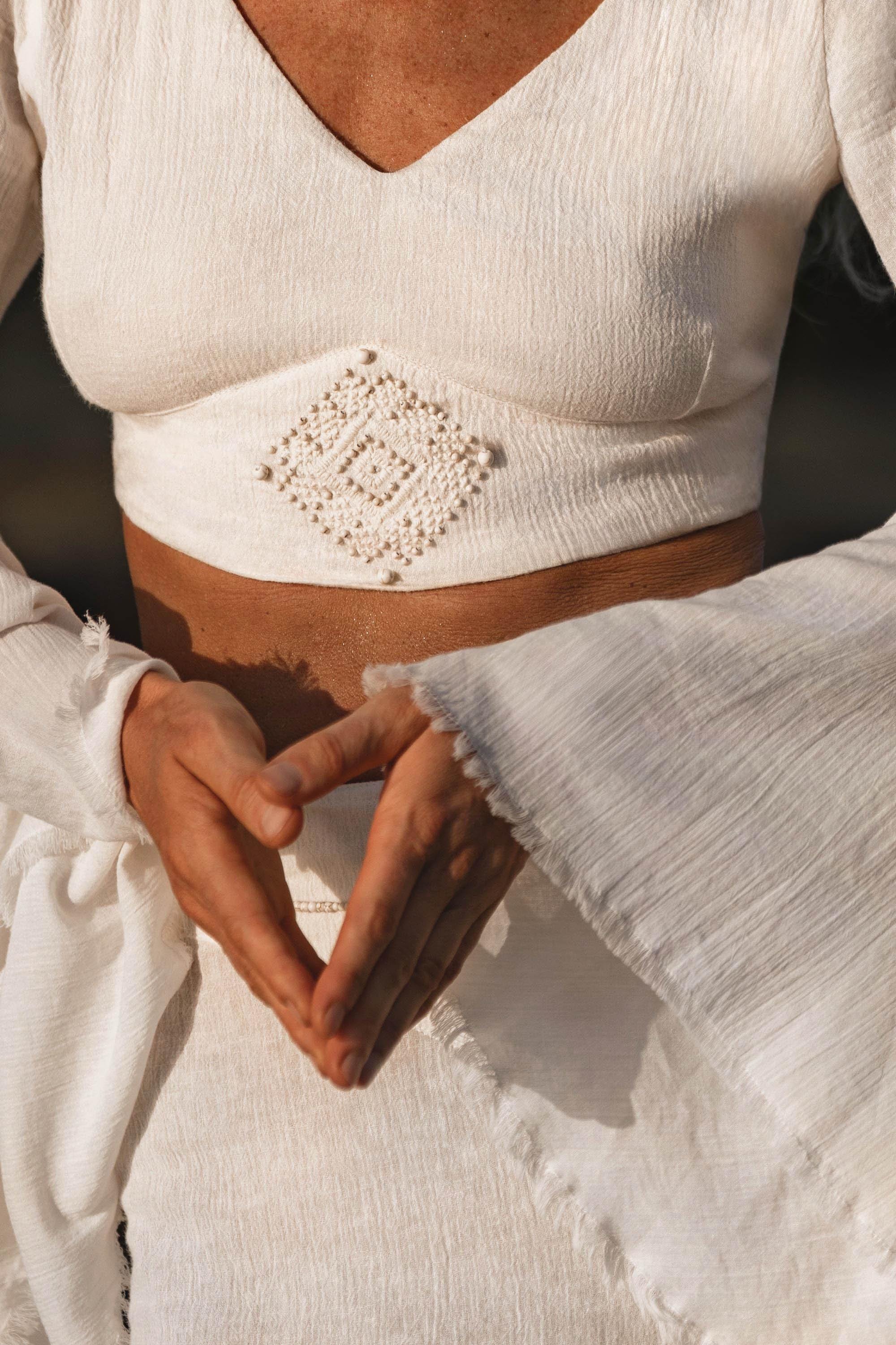 Off White Boho Linen Set, Embroidered Indian Top, Maxi Skirt, Handmade Summer Festival Outfit - AYA SW IDR