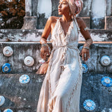 Off - White Boho Open Back Simple Wedding Dress with Hand Loomed Tassels - AYA SW IDR