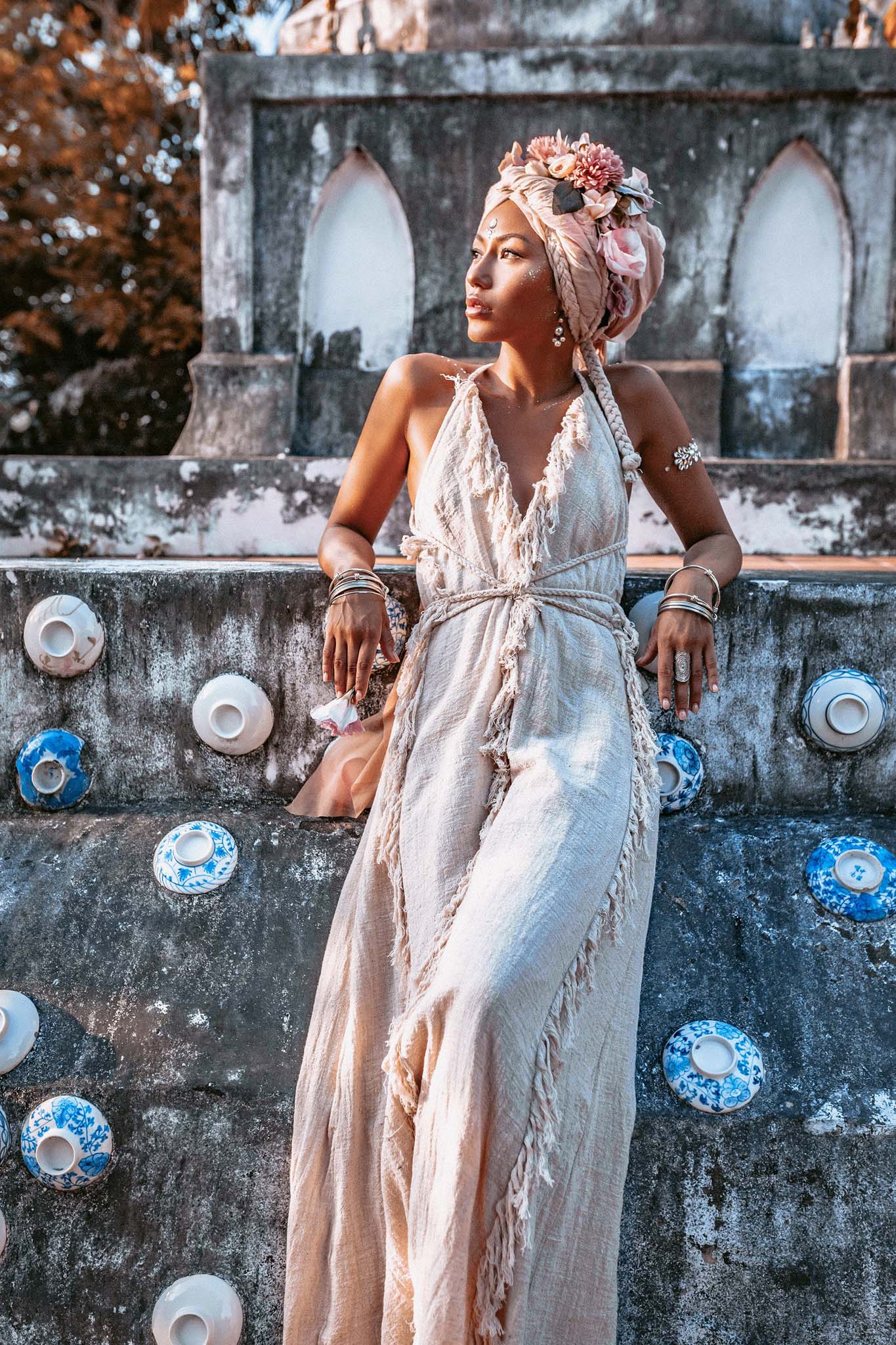 Off - White Boho Open Back Simple Wedding Dress with Hand Loomed Tassels - AYA SW IDR