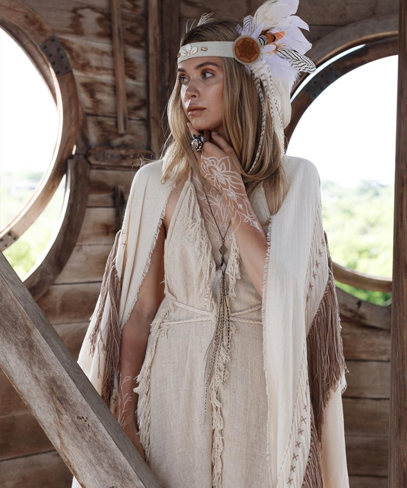 Off - White Boho Open Back Simple Wedding Dress with Hand Loomed Tassels - AYA SW IDR