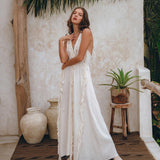 Off - White Boho Open Back Simple Wedding Dress with Hand Loomed Tassels - AYA SW IDR