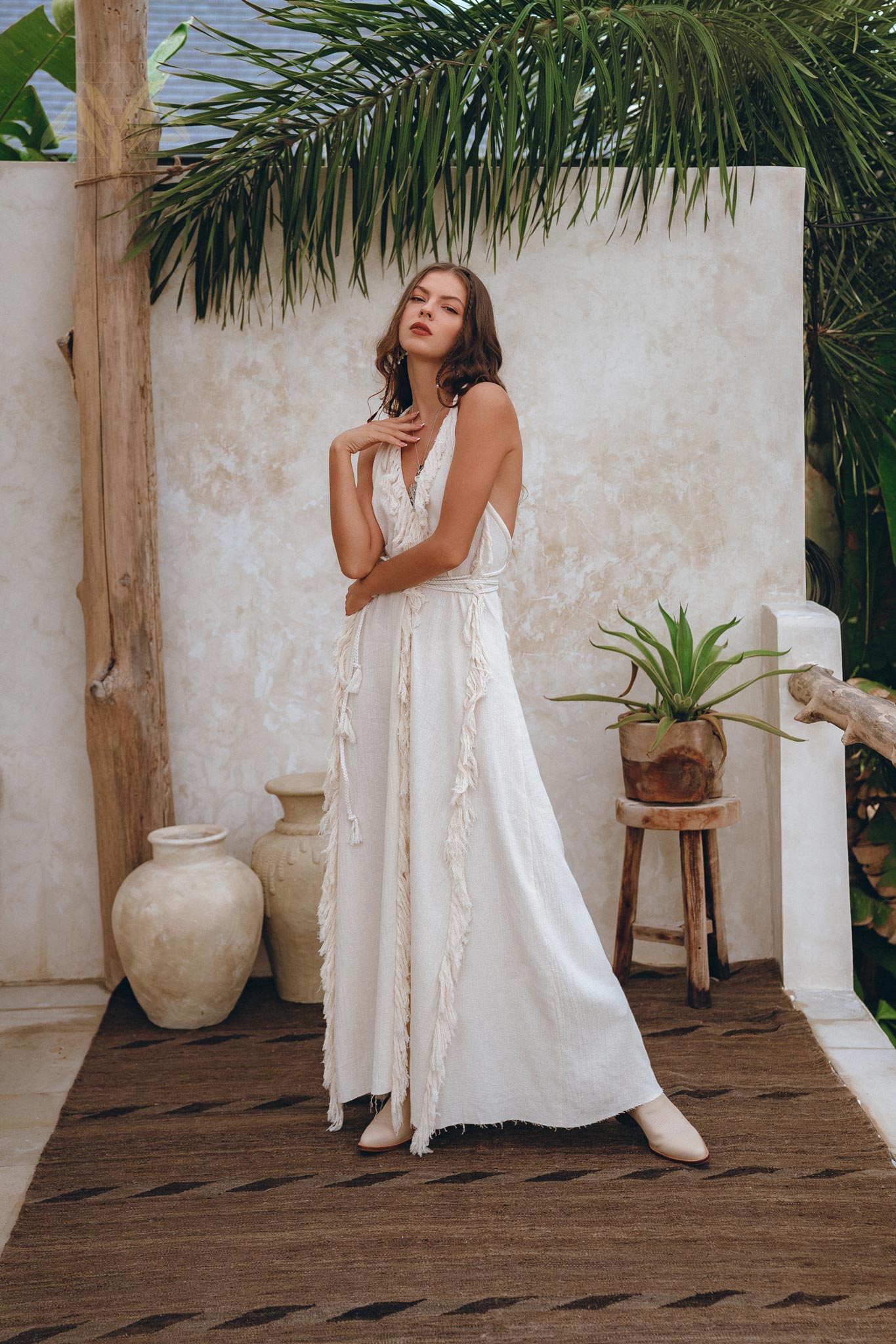 Off - White Boho Open Back Simple Wedding Dress with Hand Loomed Tassels - AYA SW IDR