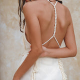 Off - White Boho Open Back Simple Wedding Dress with Hand Loomed Tassels - AYA SW IDR
