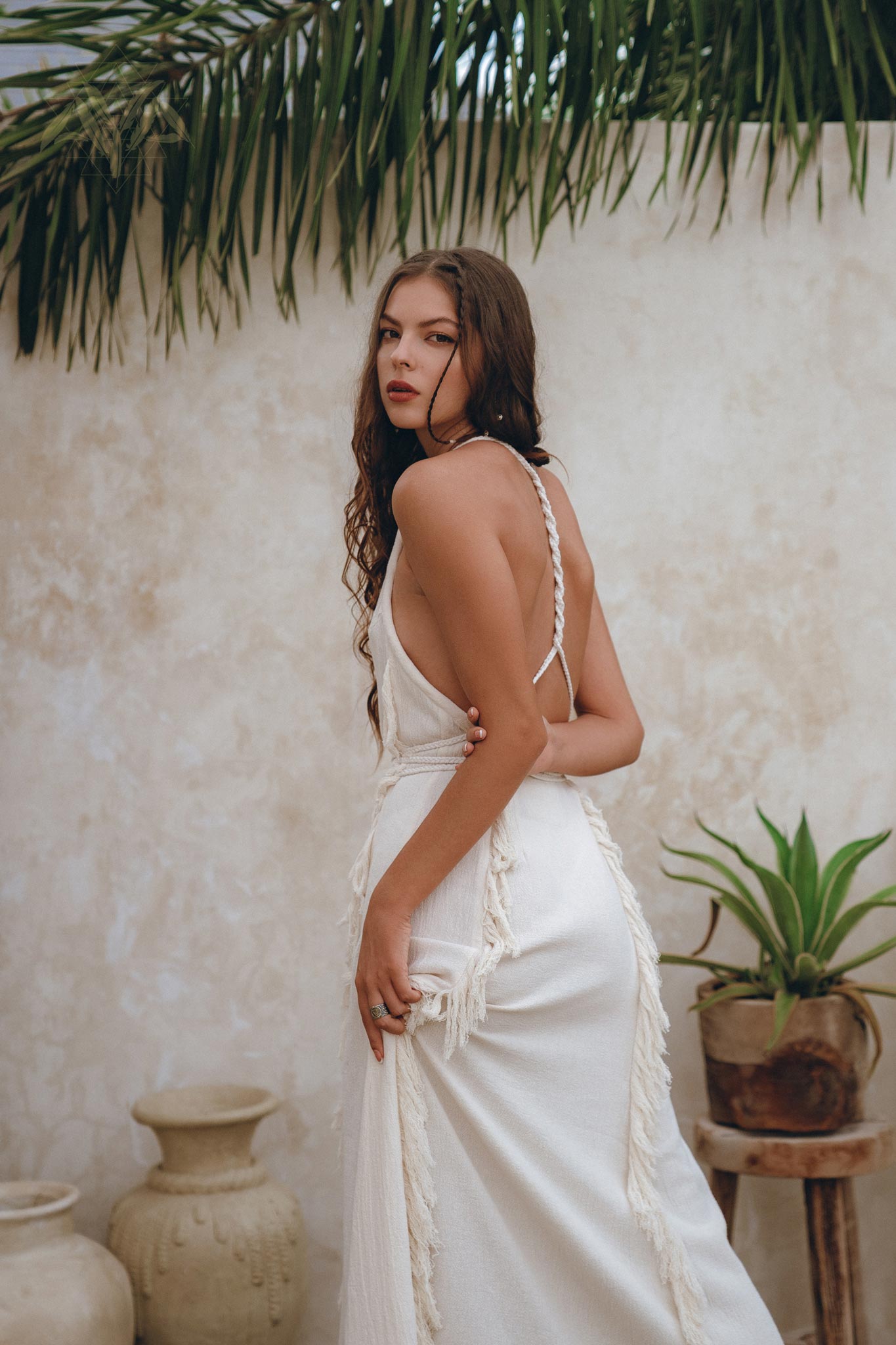 Off - White Boho Open Back Simple Wedding Dress with Hand Loomed Tassels - AYA SW IDR