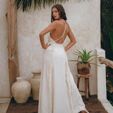 Off - White Boho Open Back Simple Wedding Dress with Hand Loomed Tassels - AYA SW IDR