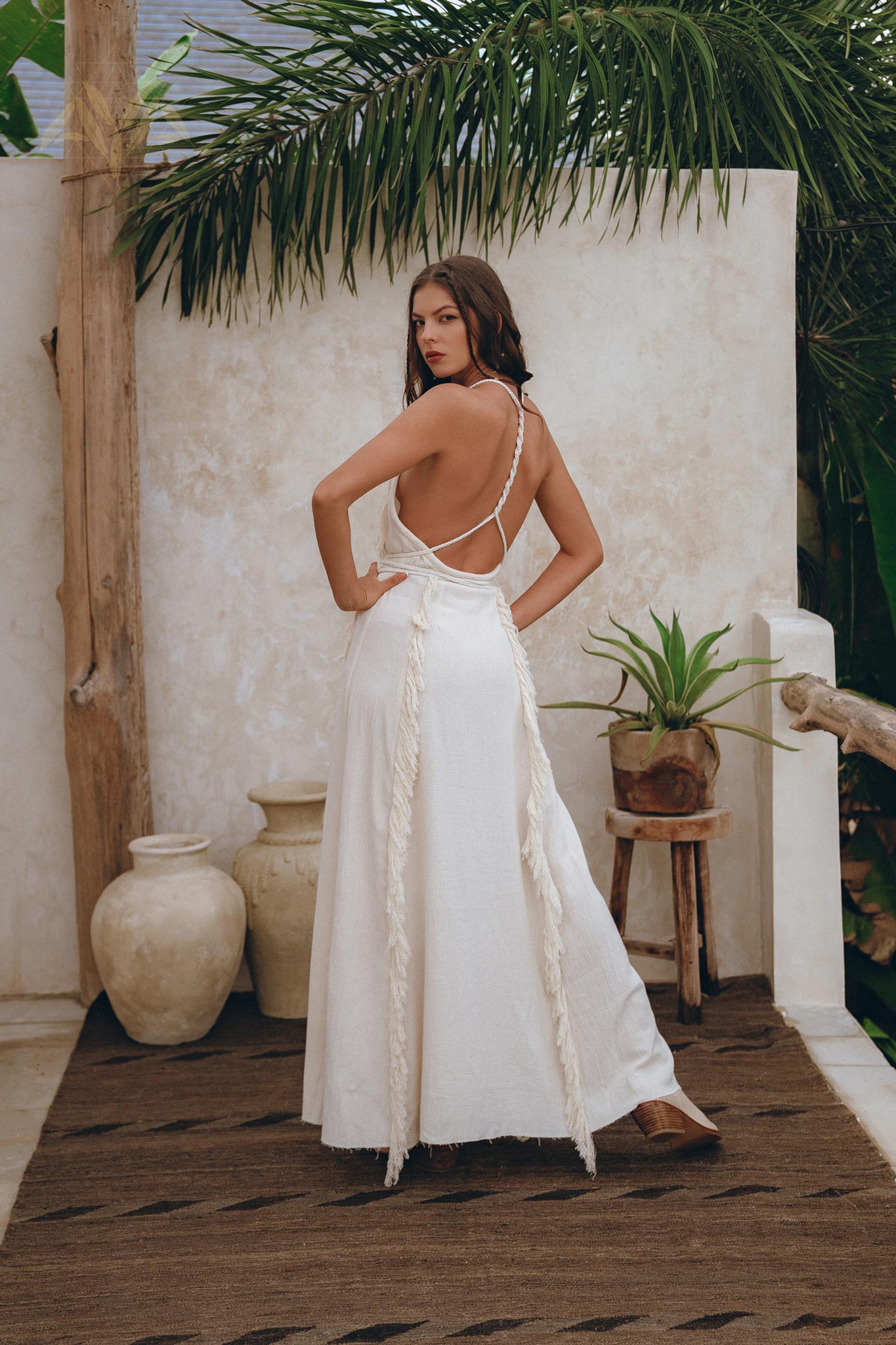 Off - White Boho Open Back Simple Wedding Dress with Hand Loomed Tassels - AYA SW IDR