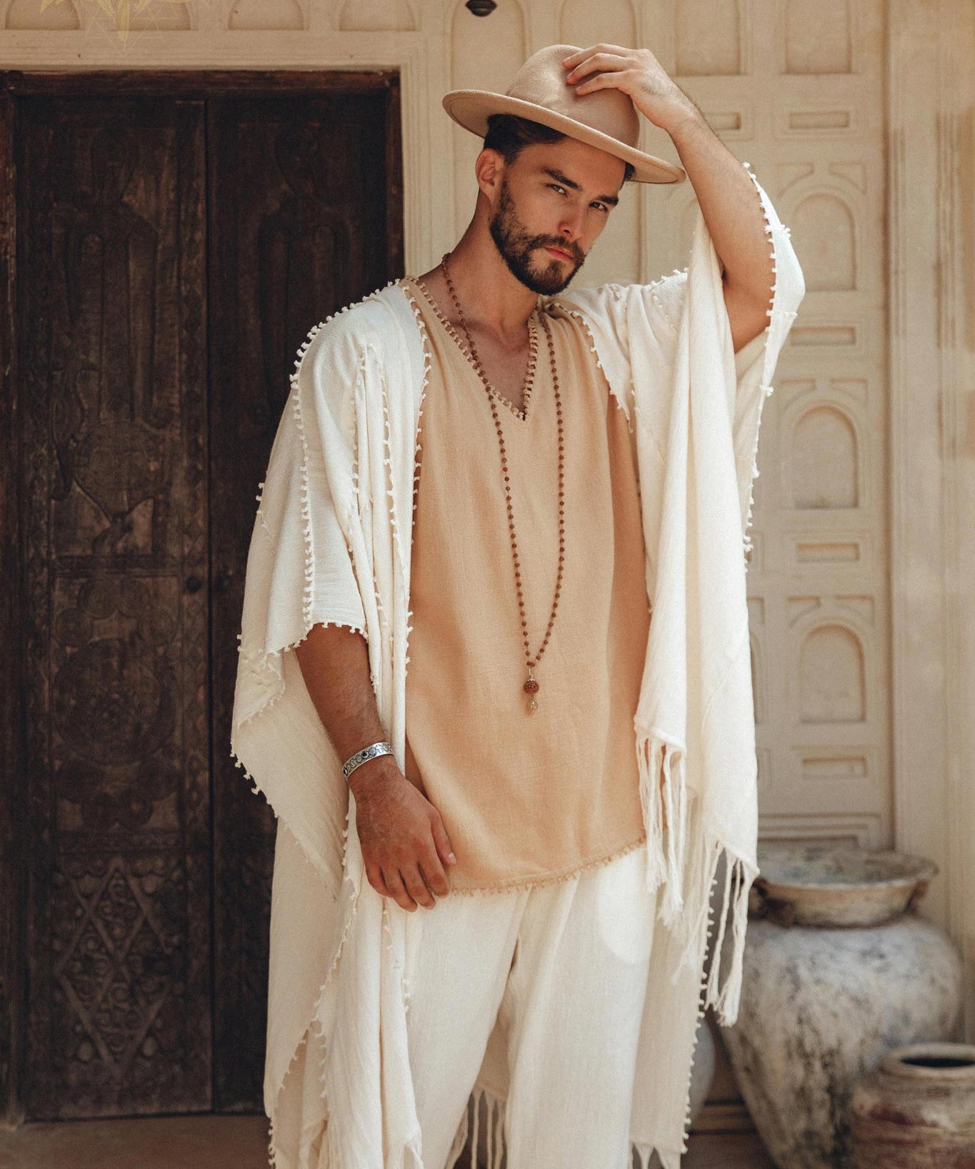 White Raw Cotton Minimalist Poncho for Men