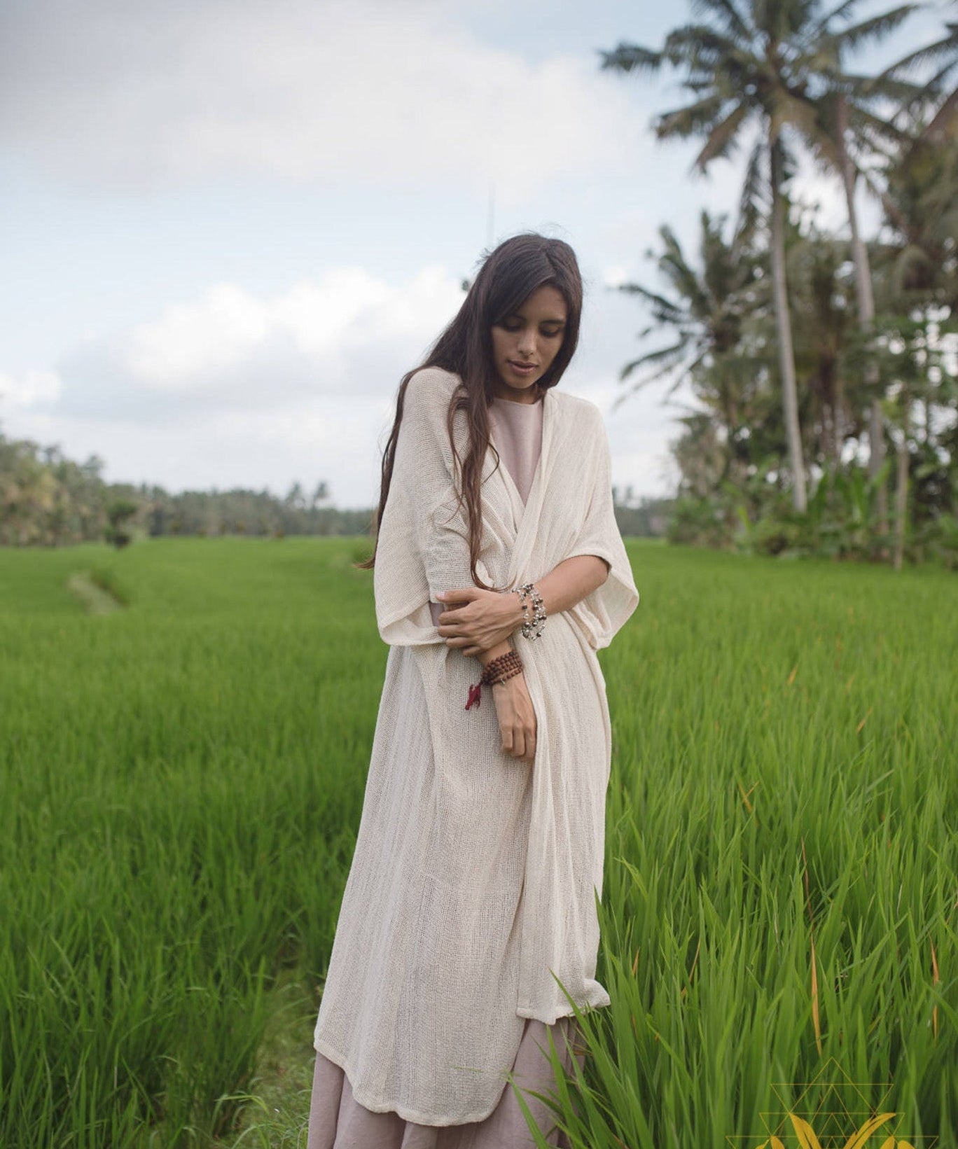 Off - White Cotton Boho Kimono Cover - up • Bridal Cape • Poncho Robe - AYA SW IDR