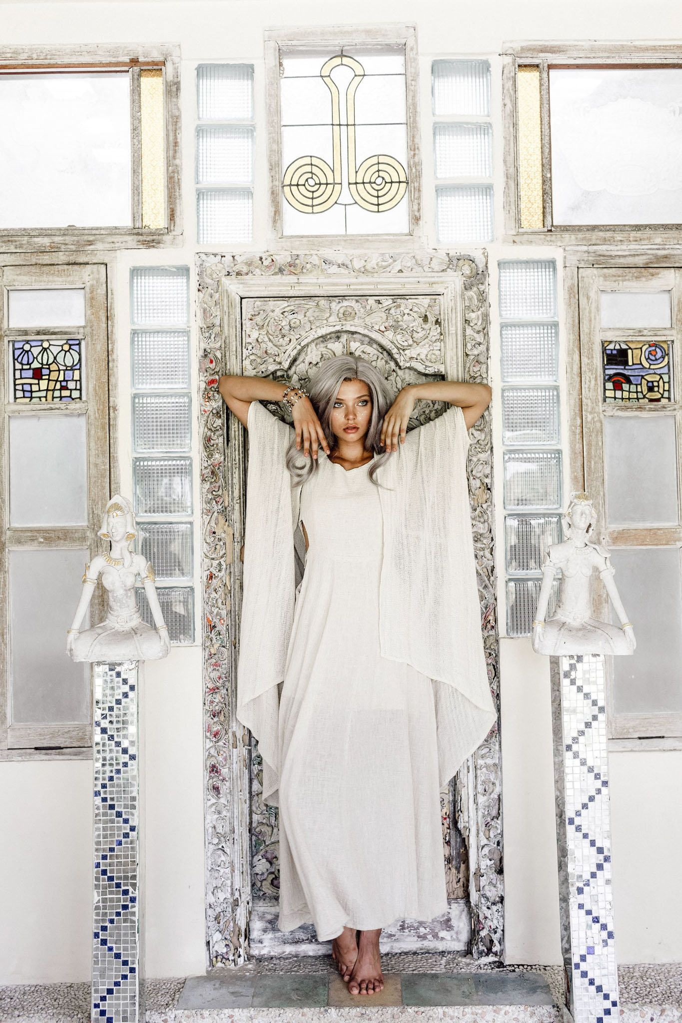 Off - White Cotton Boho Kimono Cover - up • Bridal Cape • Poncho Robe - AYA SW IDR