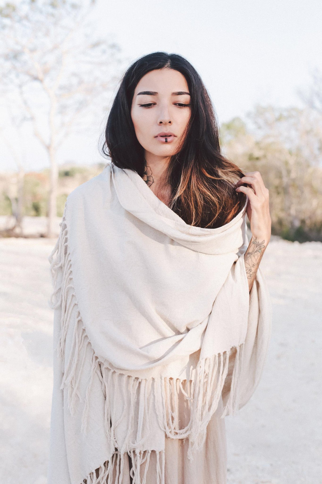 Off - White Cotton Long Boho Shawl - Scarf - AYA SW IDR