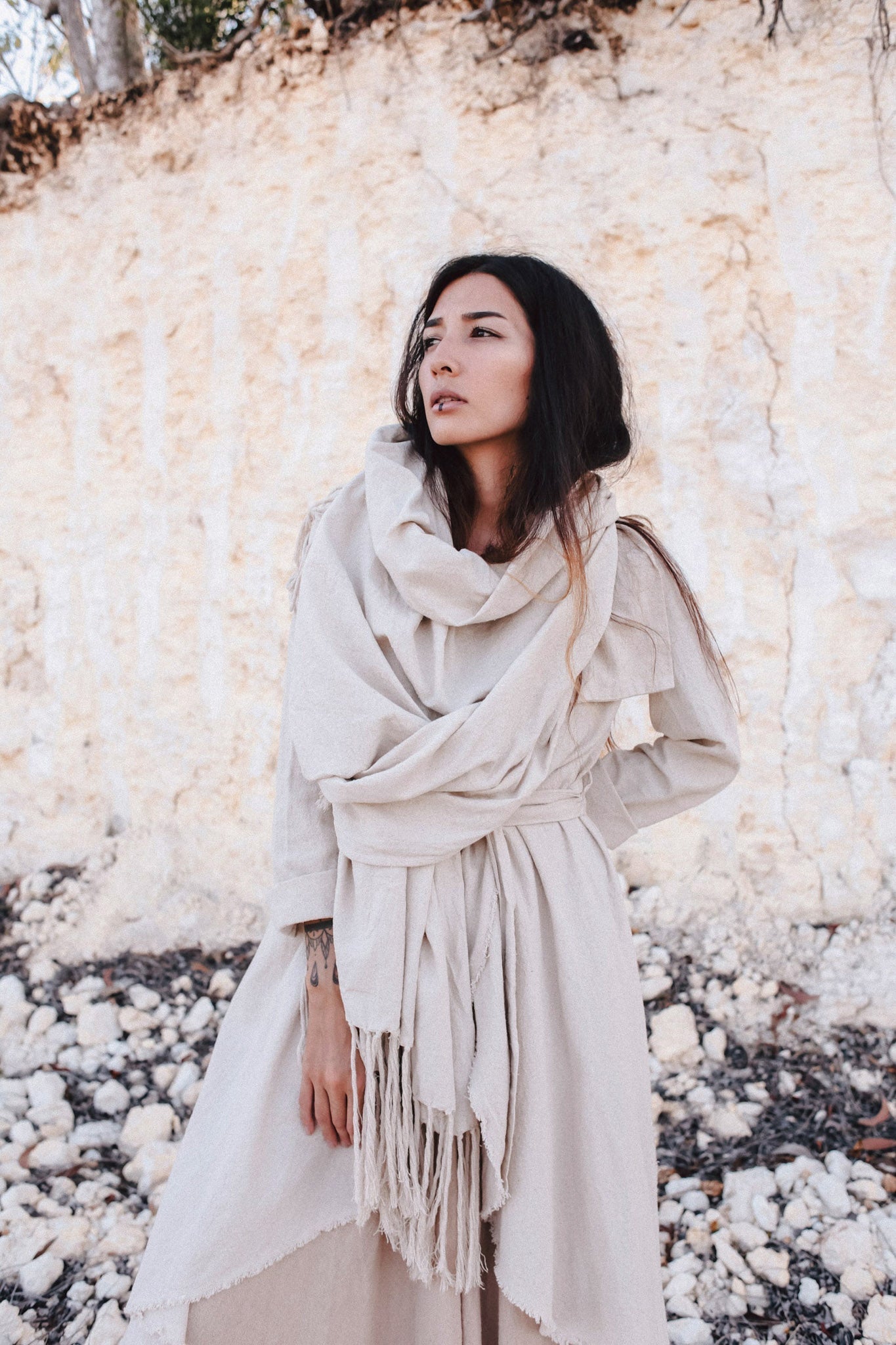 Off - White Cotton Long Boho Shawl - Scarf - AYA SW IDR