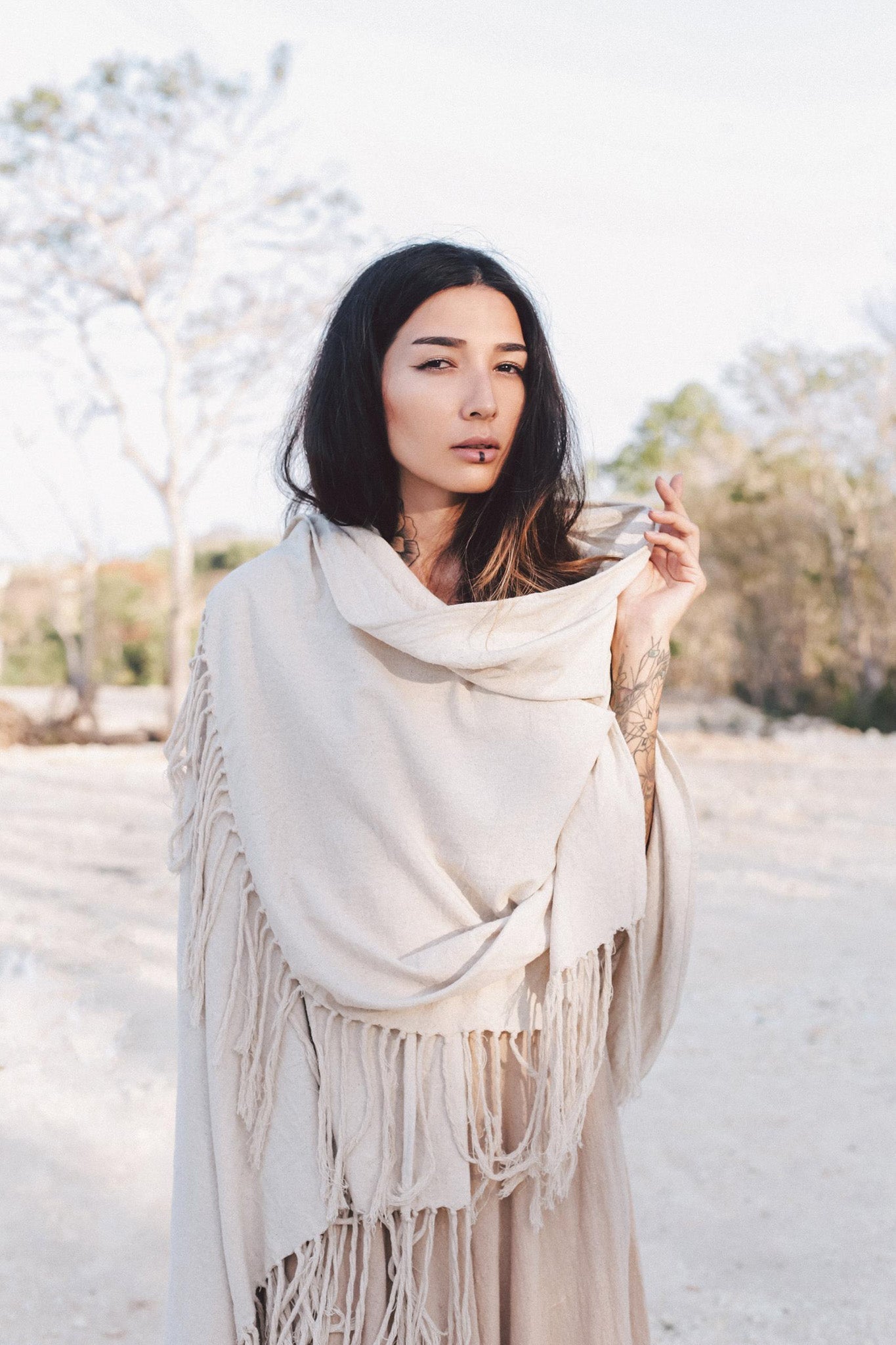 Off - White Cotton Long Boho Shawl - Scarf - AYA SW IDR