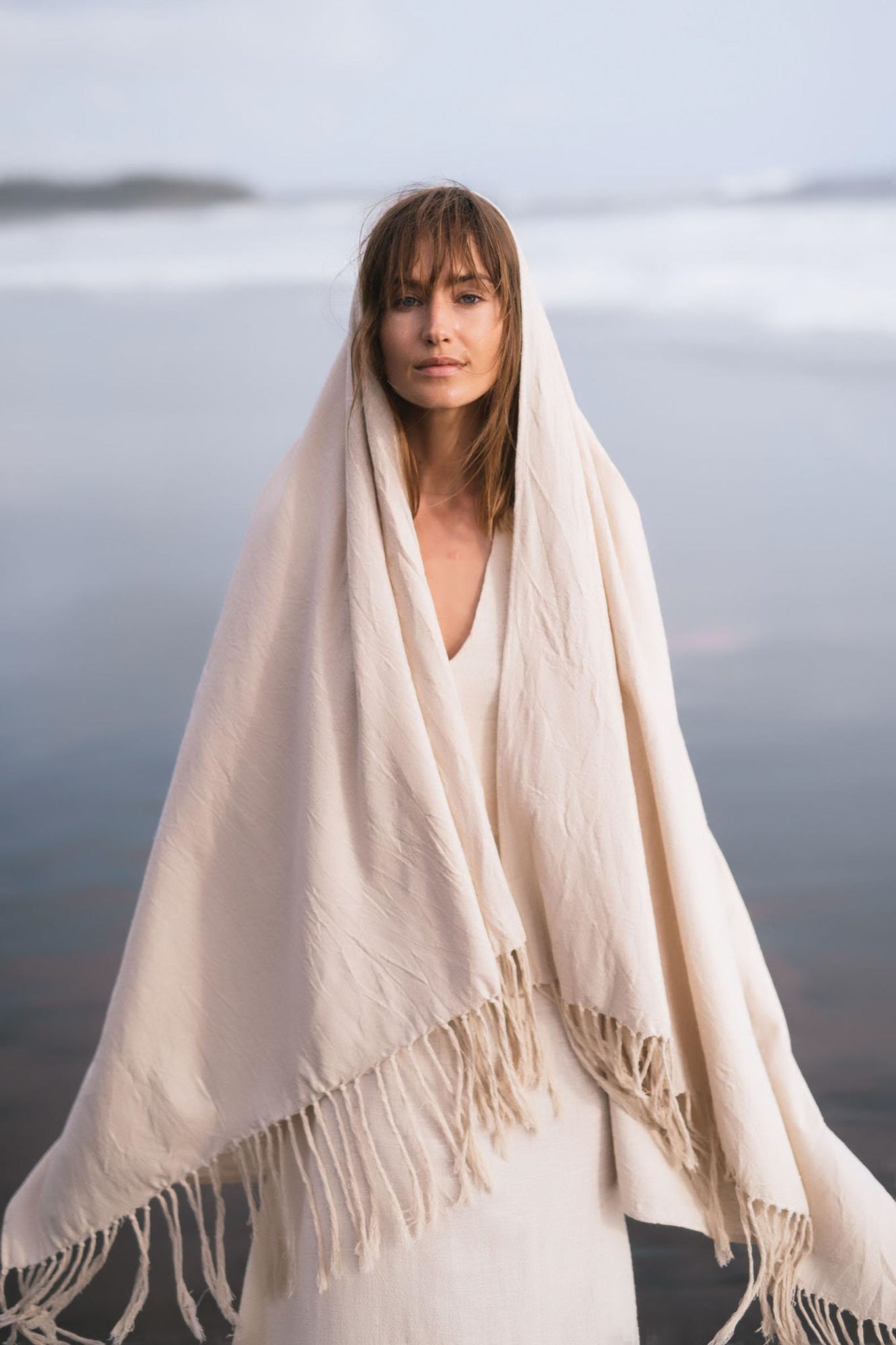 Off - White Cotton Long Boho Shawl - Scarf - AYA SW IDR