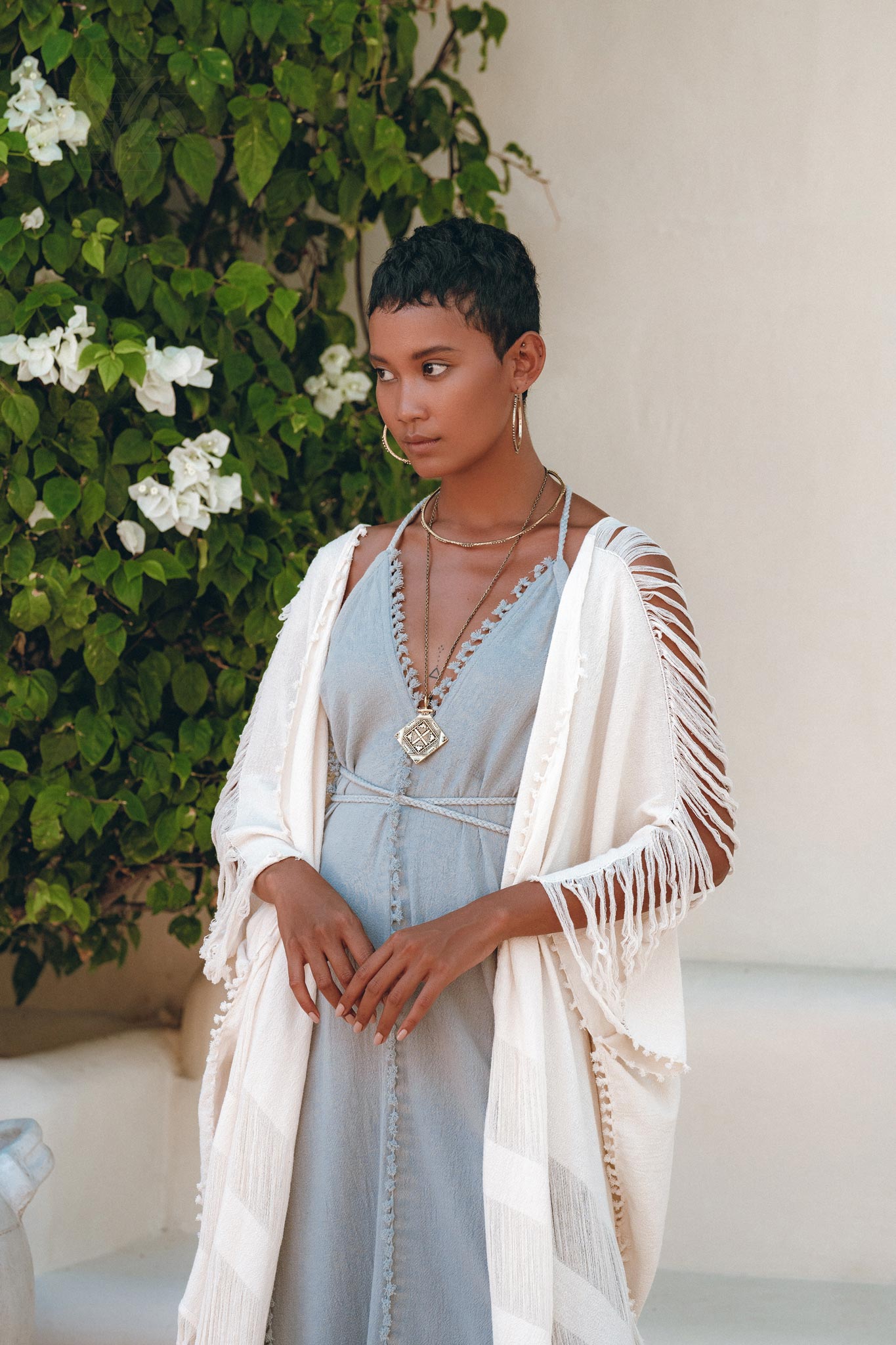Off - White Cotton Poncho Cape • Organic Tribal Kimono Cover Up - AYA SW IDR