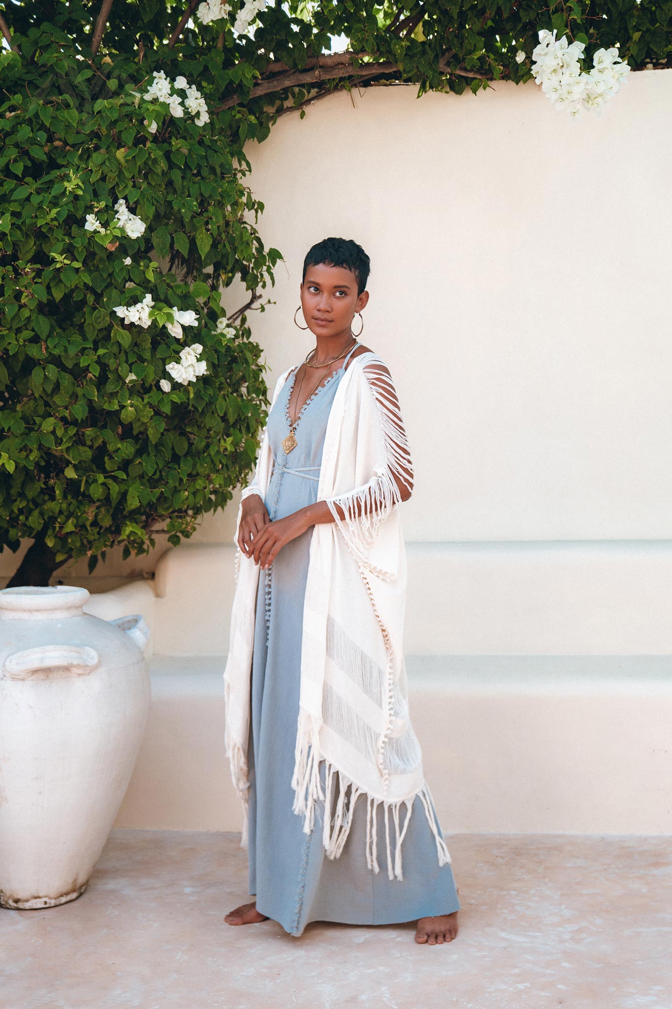Off - White Cotton Poncho Cape • Organic Tribal Kimono Cover Up - AYA SW IDR