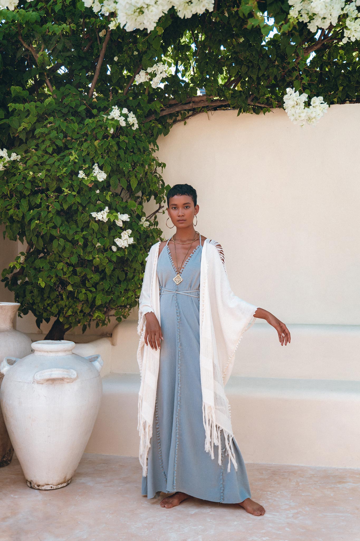 Off - White Cotton Poncho Cape • Organic Tribal Kimono Cover Up - AYA SW IDR