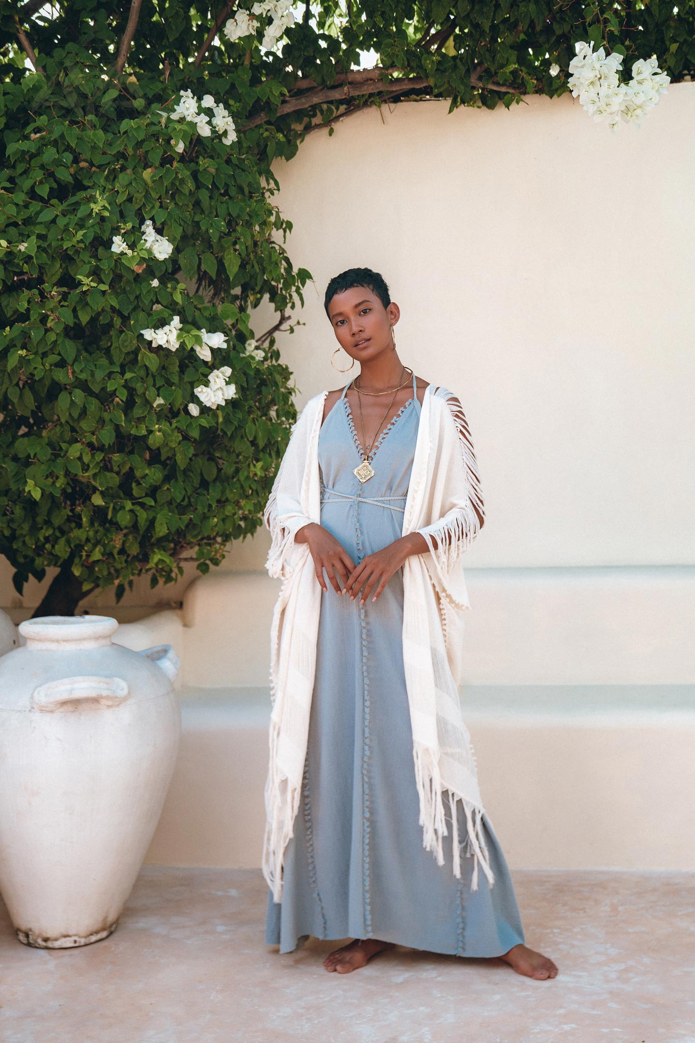 Off - White Cotton Poncho Cape • Organic Tribal Kimono Cover Up - AYA SW IDR