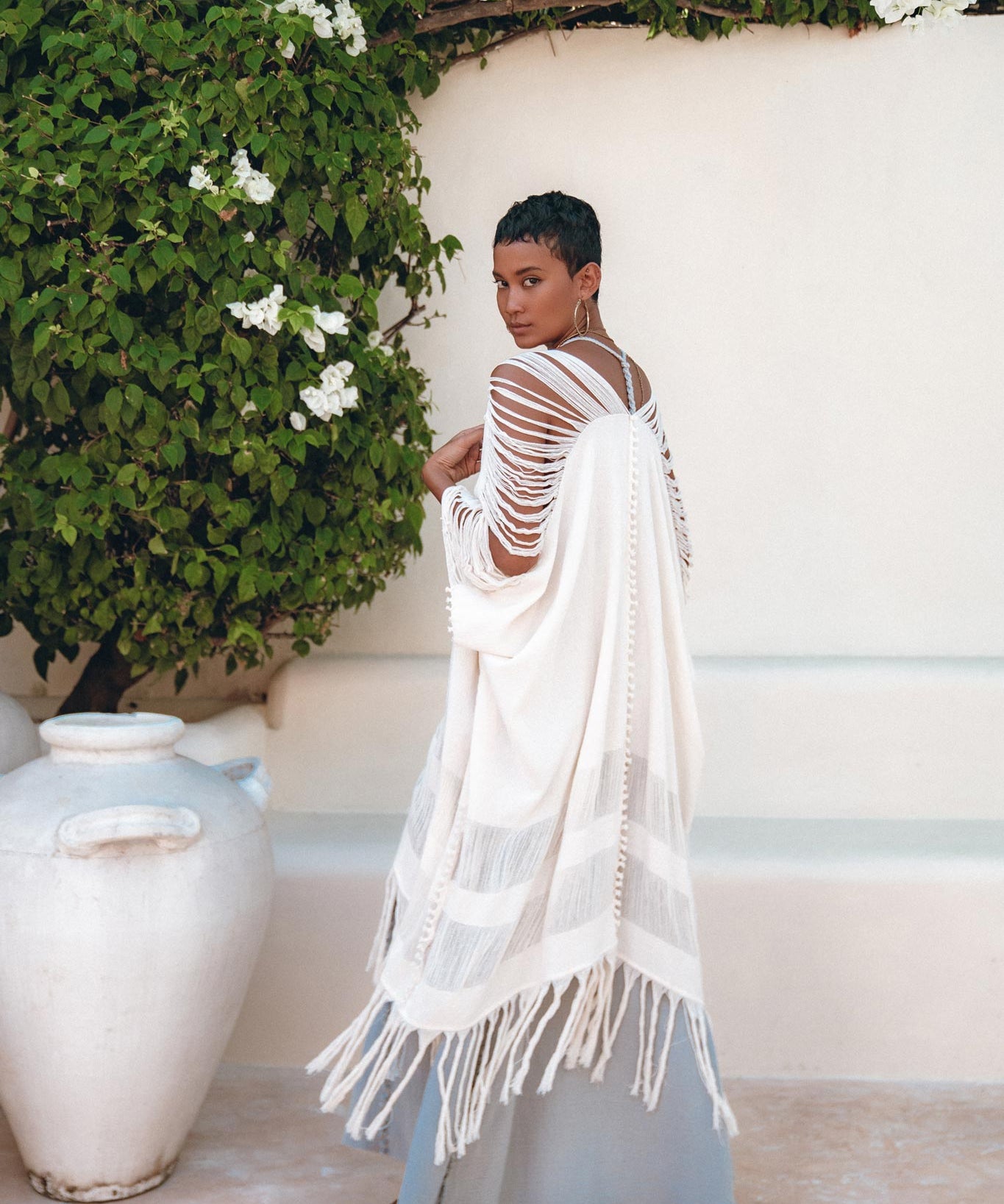 Off - White Cotton Poncho Cape • Organic Tribal Kimono Cover Up - AYA SW IDR