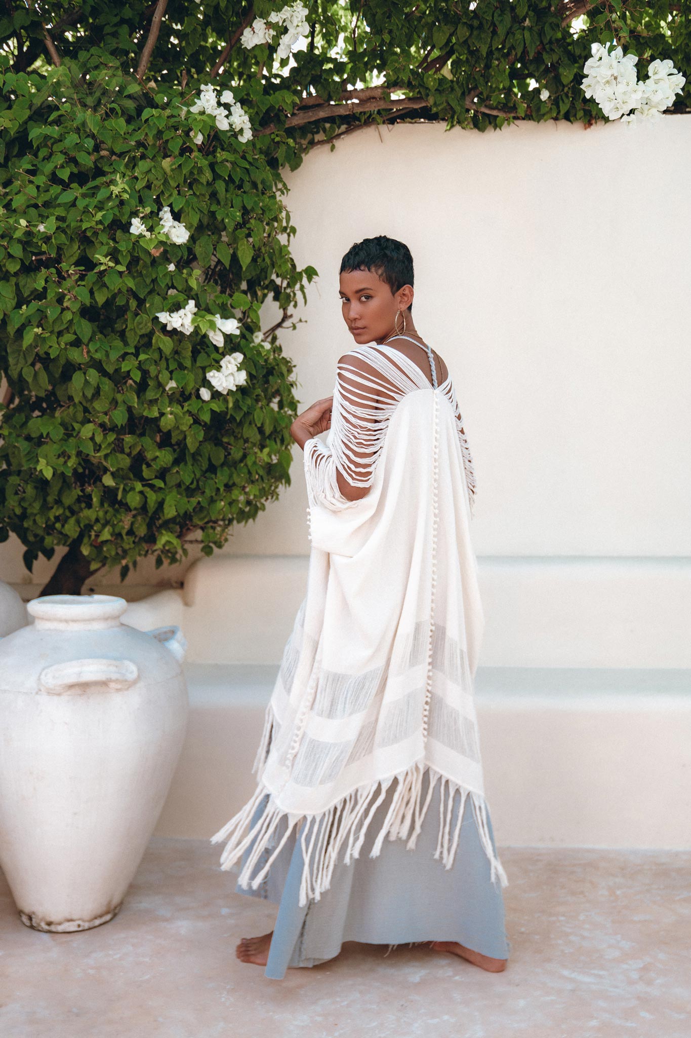 Off - White Cotton Poncho Cape • Organic Tribal Kimono Cover Up - AYA SW IDR