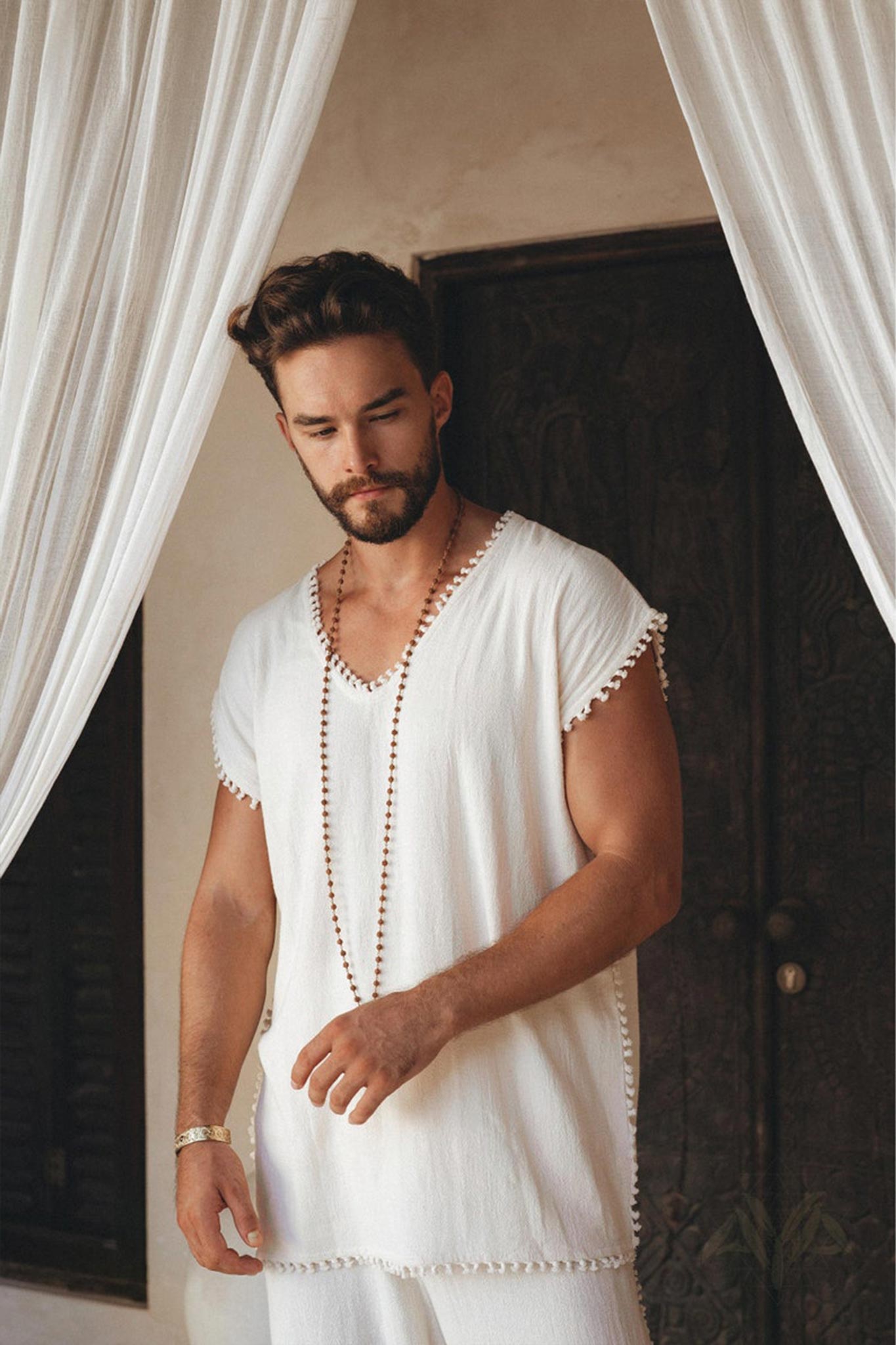 Off - White Handmade Knots Decorated T-Shirt for Men - AYA SW IDR