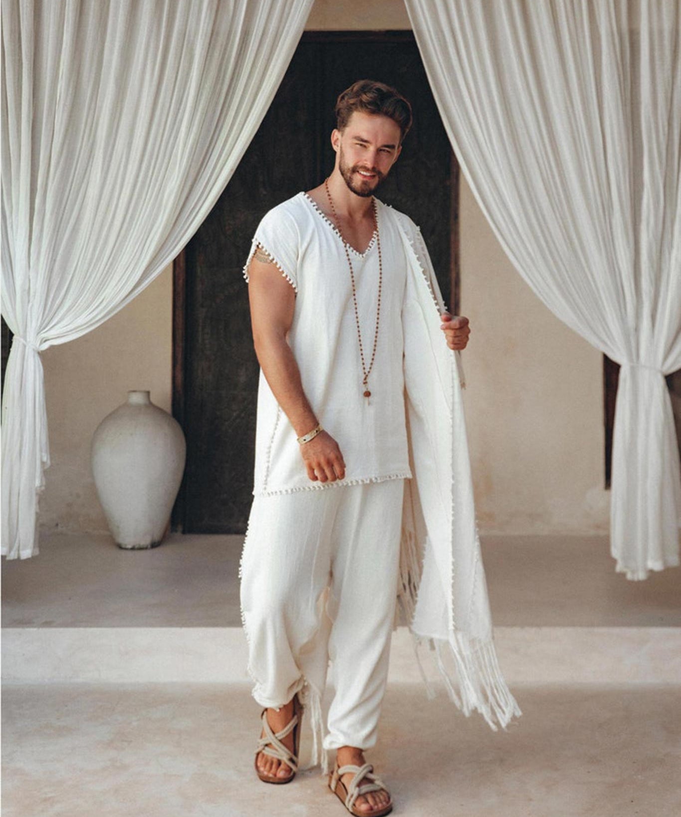 Off - White Handmade Knots Decorated T-Shirt for Men - AYA SW IDR