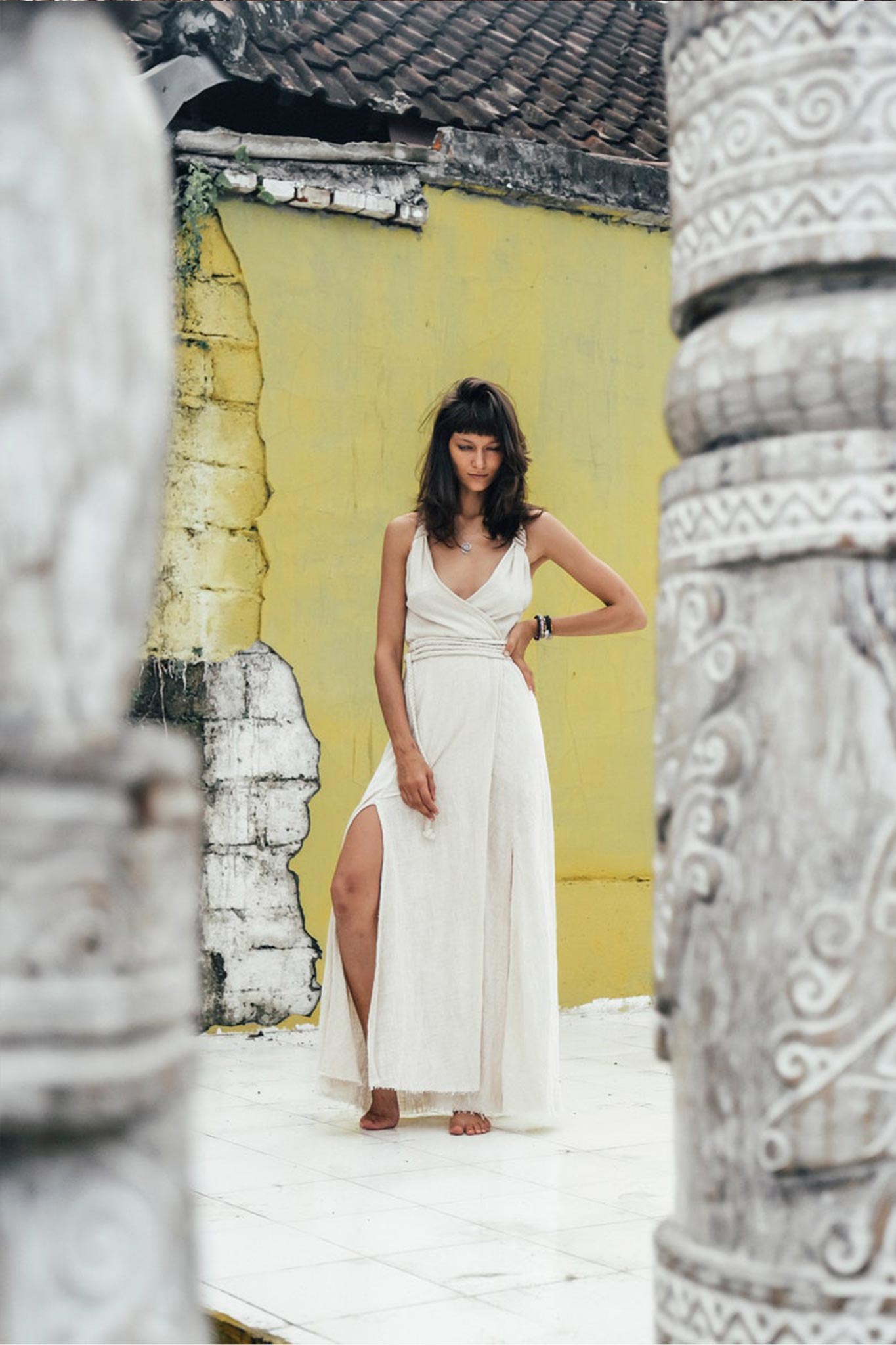 Off - White Handwoven Wrap Maxi Dress with Hand Loomed Back - AYA SW IDR