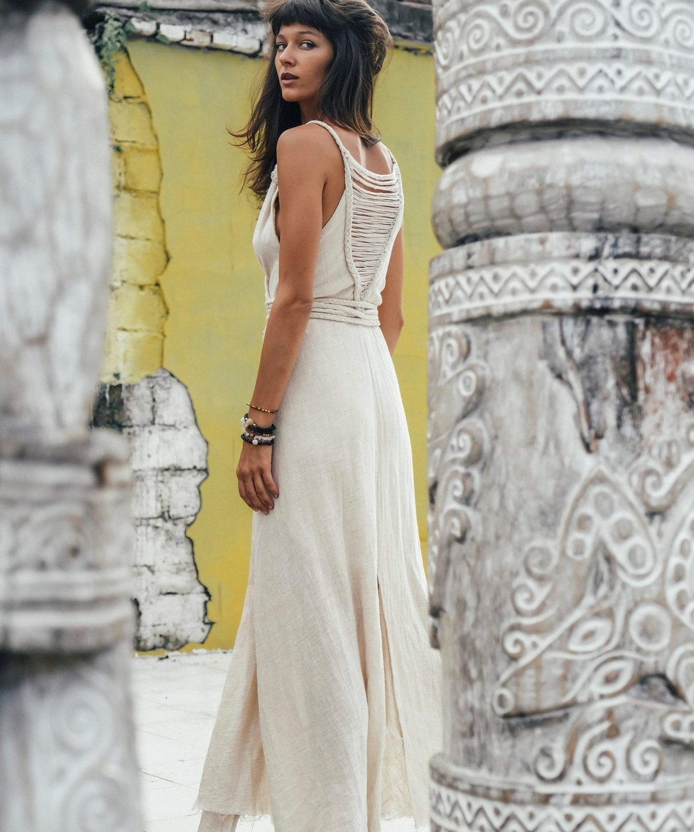 Off - White Handwoven Wrap Maxi Dress with Hand Loomed Back - AYA SW IDR