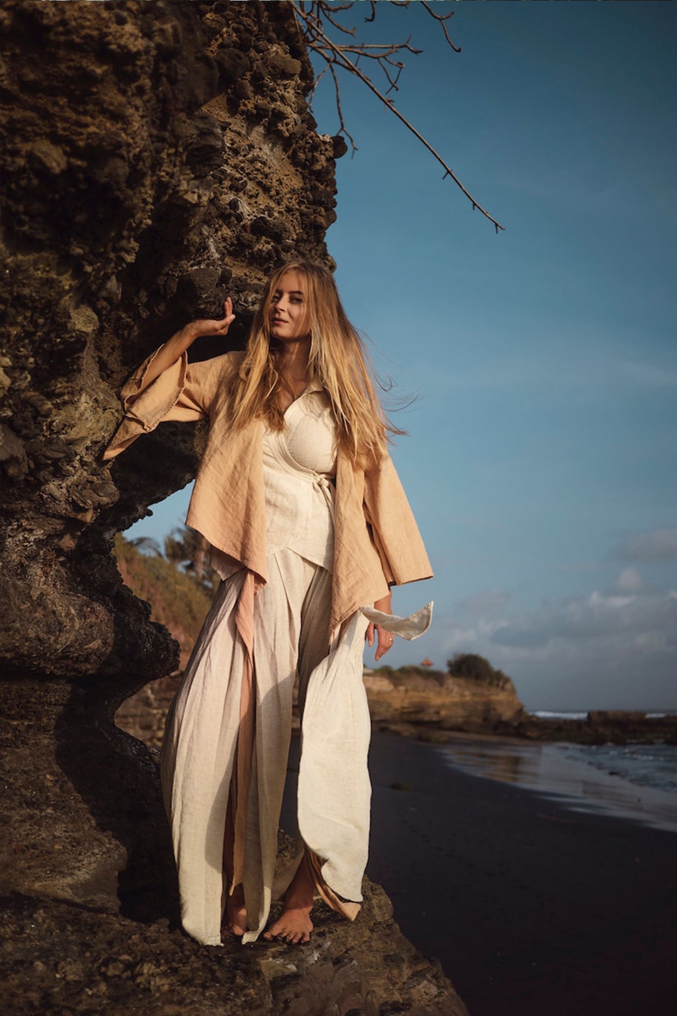 Off - White Linen Boho Pants with High Slit - AYA SW IDR
