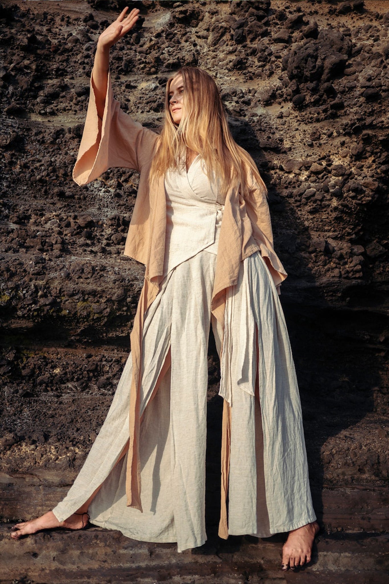 Off - White Linen Boho Pants with High Slit - AYA SW IDR