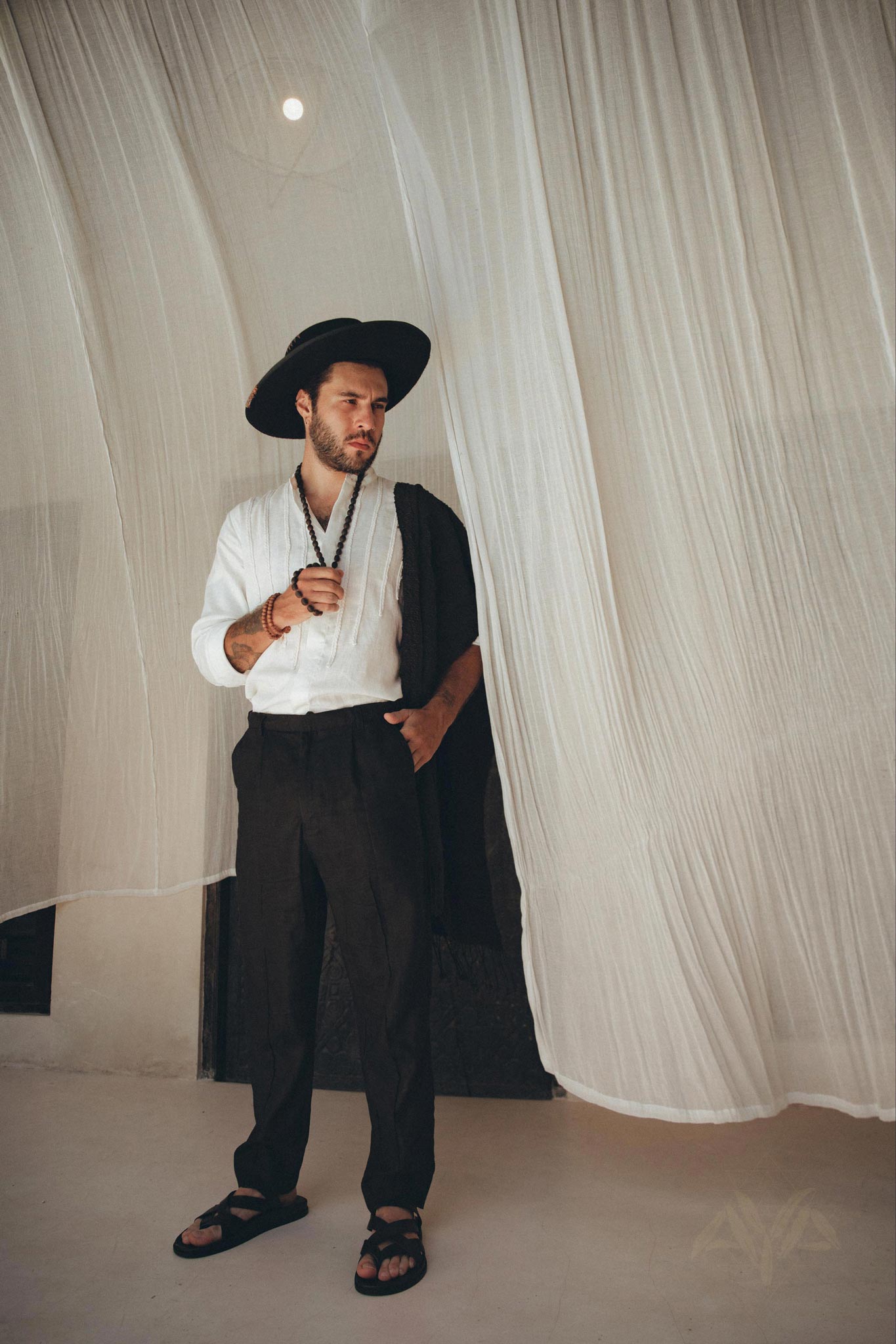 Off - White Linen Shirt for Men with Handmade Braids - AYA SW IDR